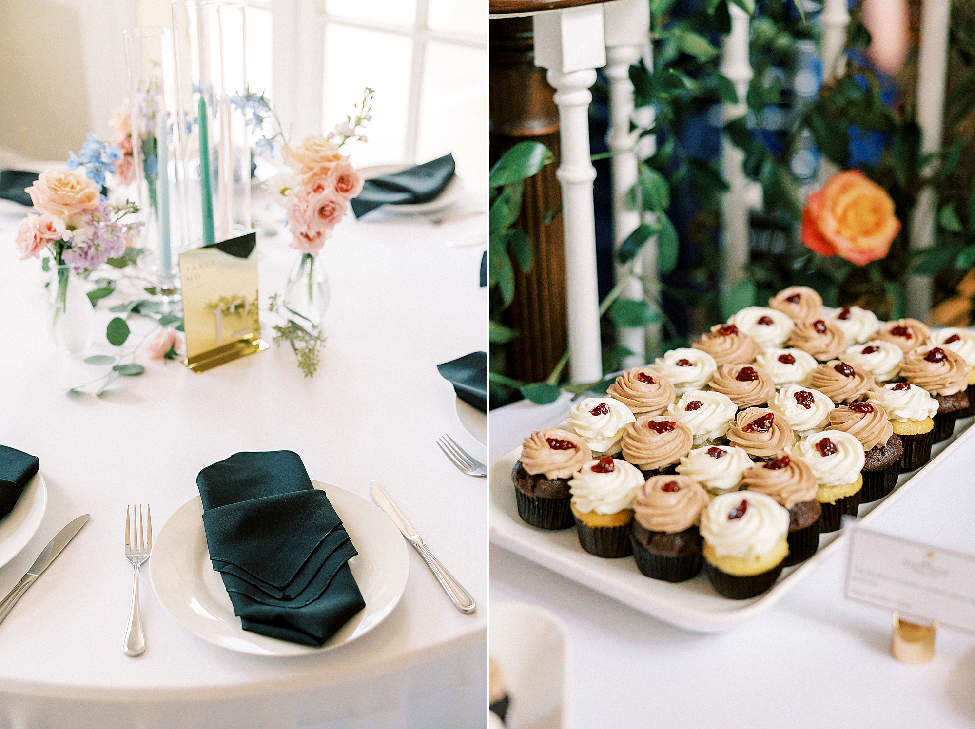cupcake display next to place setting with forest green napkins 