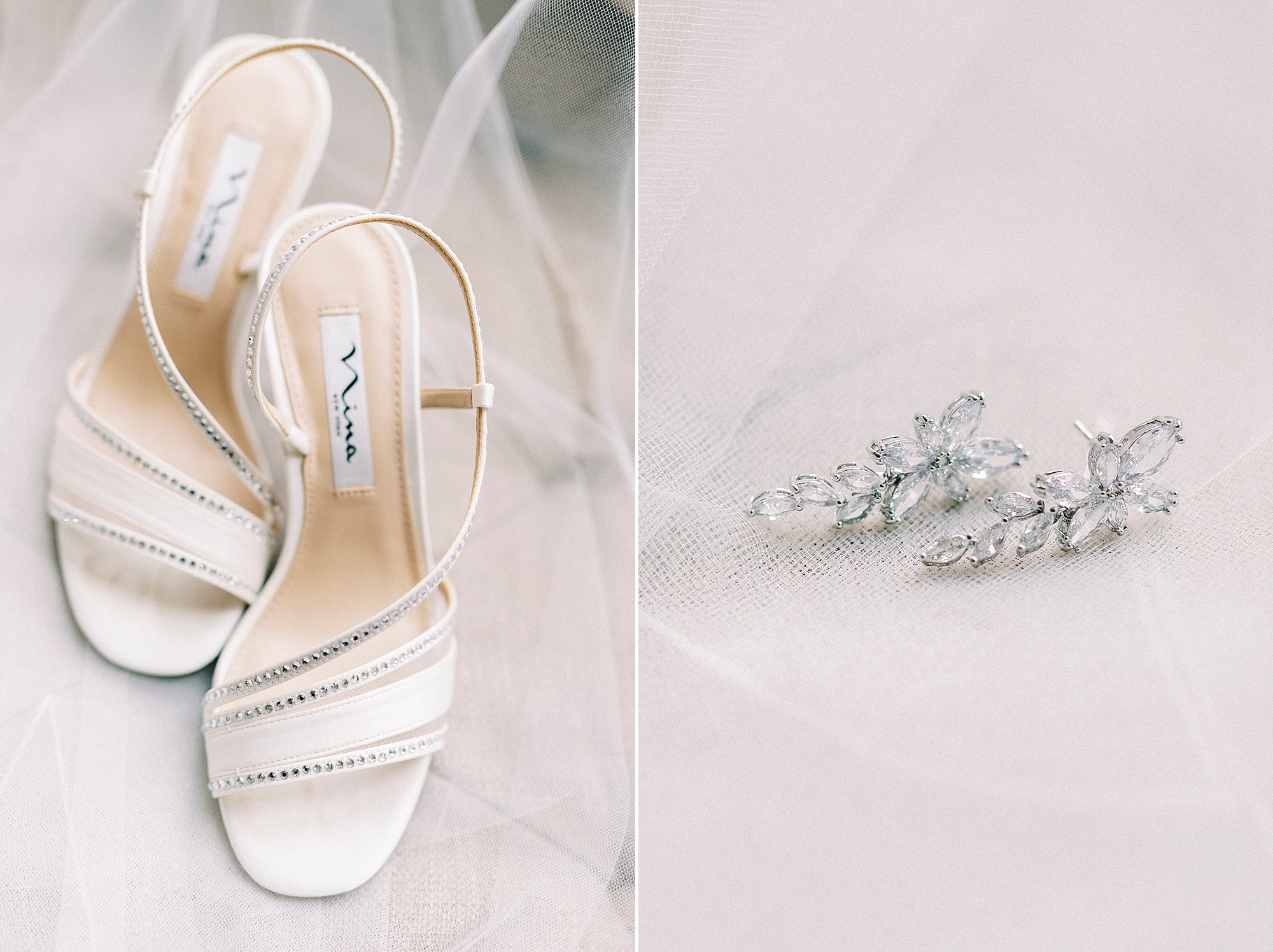 bride's white shoes and jewelry for uptown Charlotte wedding 
