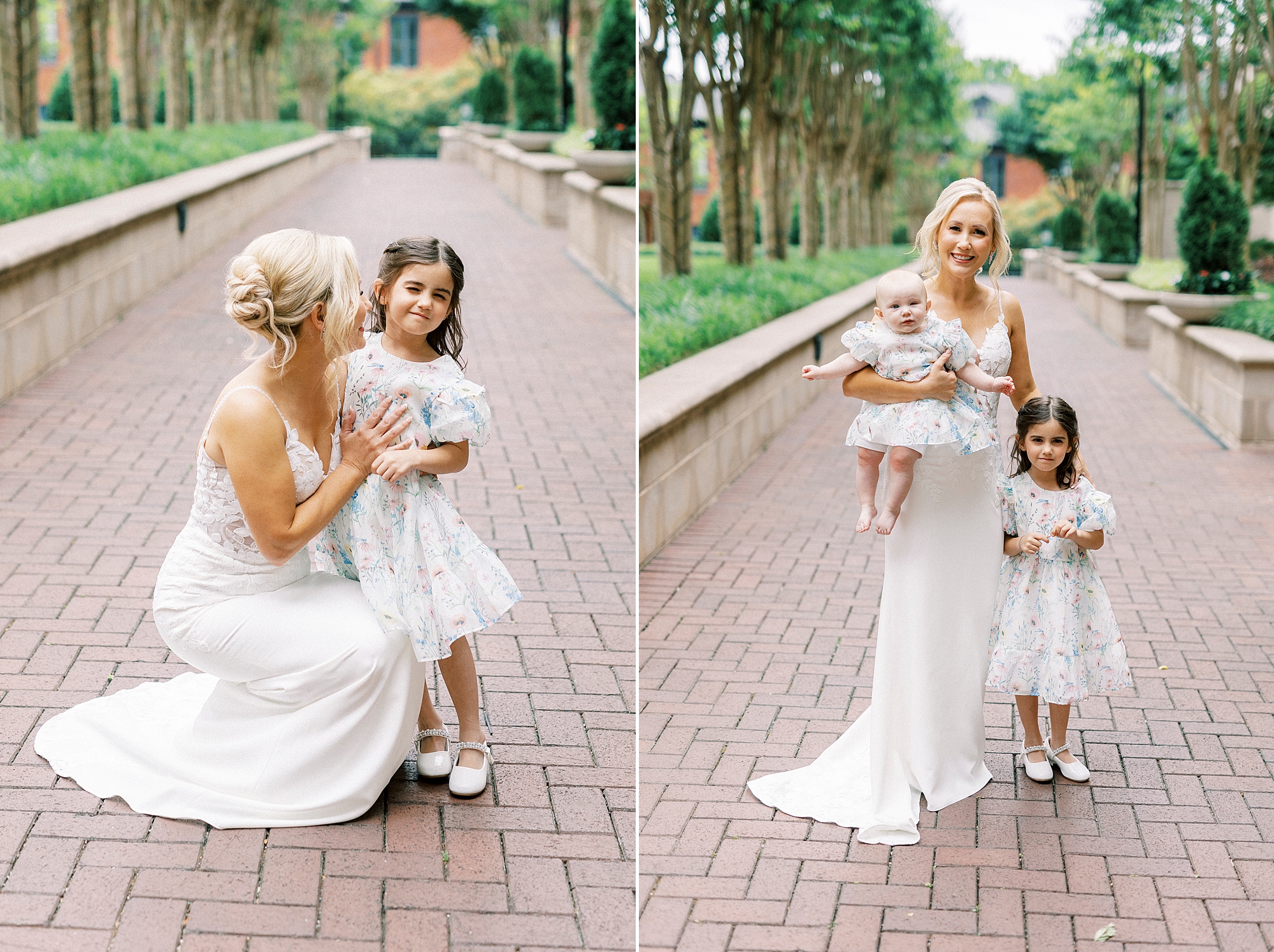 bride kneels down with daughters on brick walkway at St. Mary's Chapel