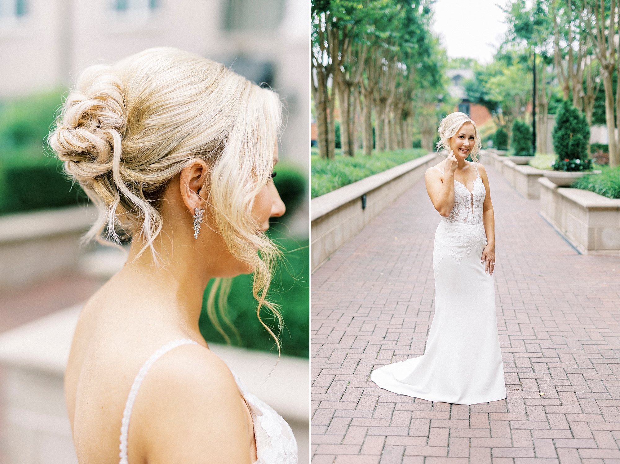 bride's classic wedding gown and updo for Uptown Charlotte wedding 