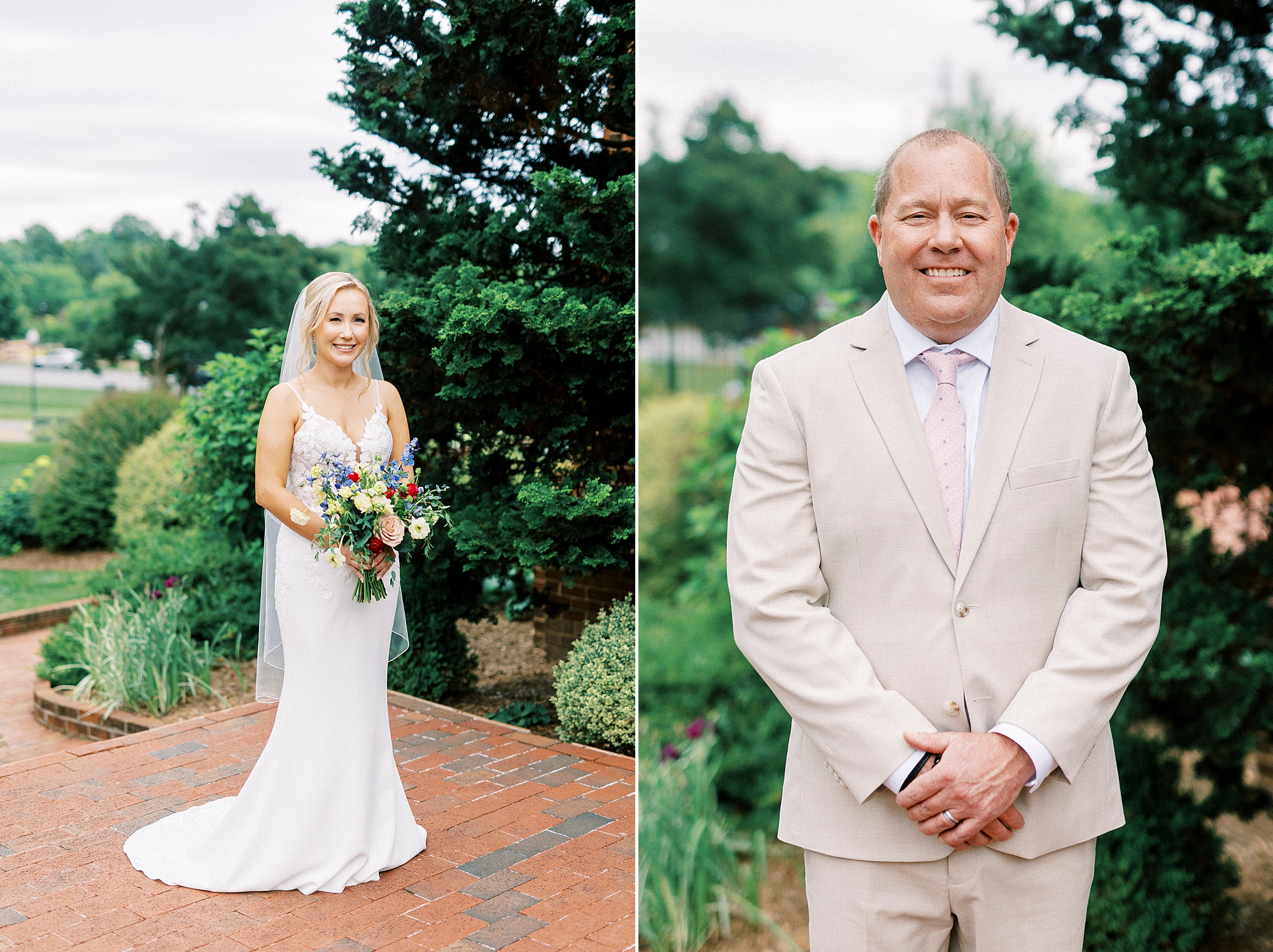 bride and groom pose outside chapel in Uptown Charlotte