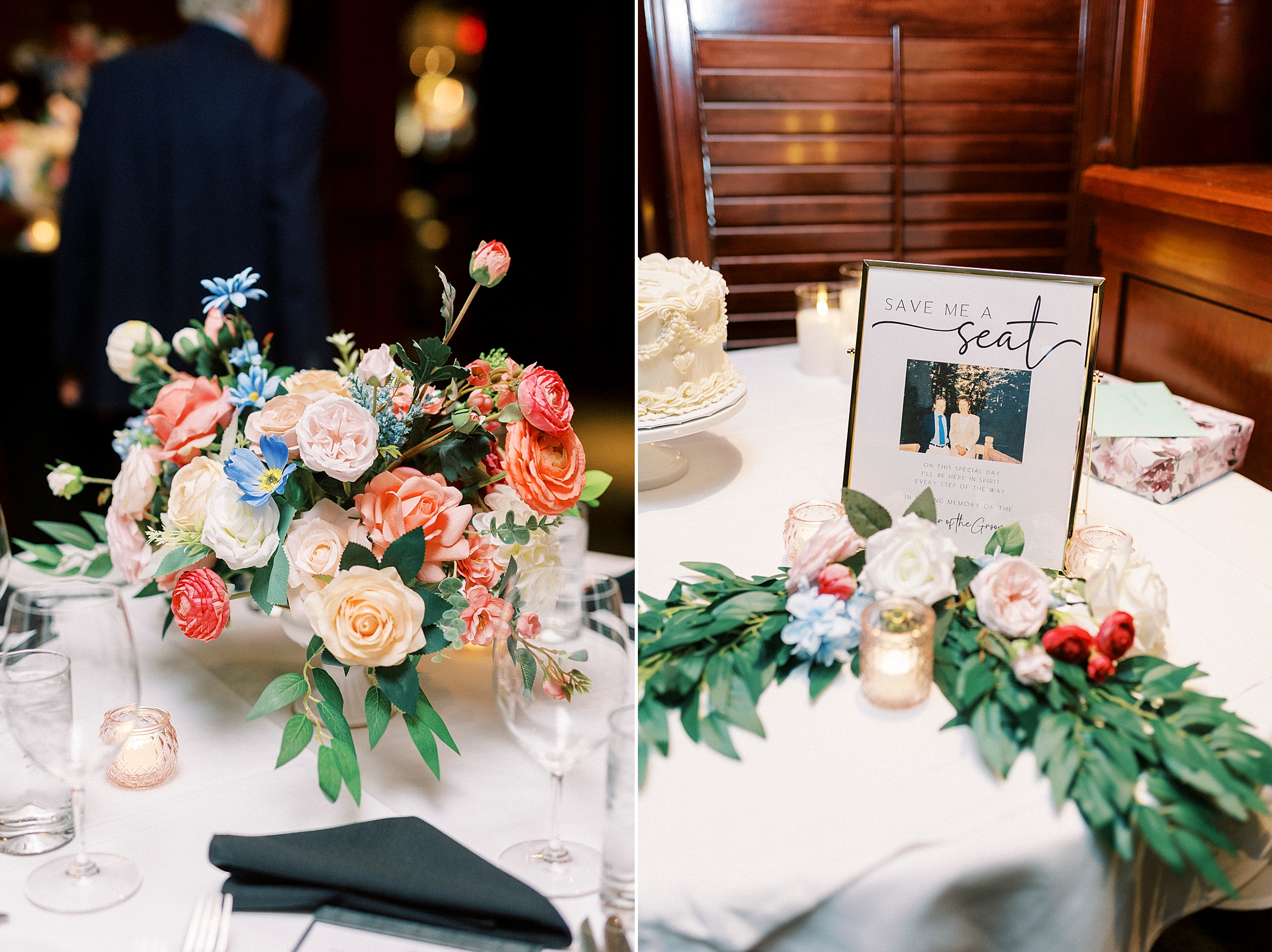 wedding reception with bright flowers 