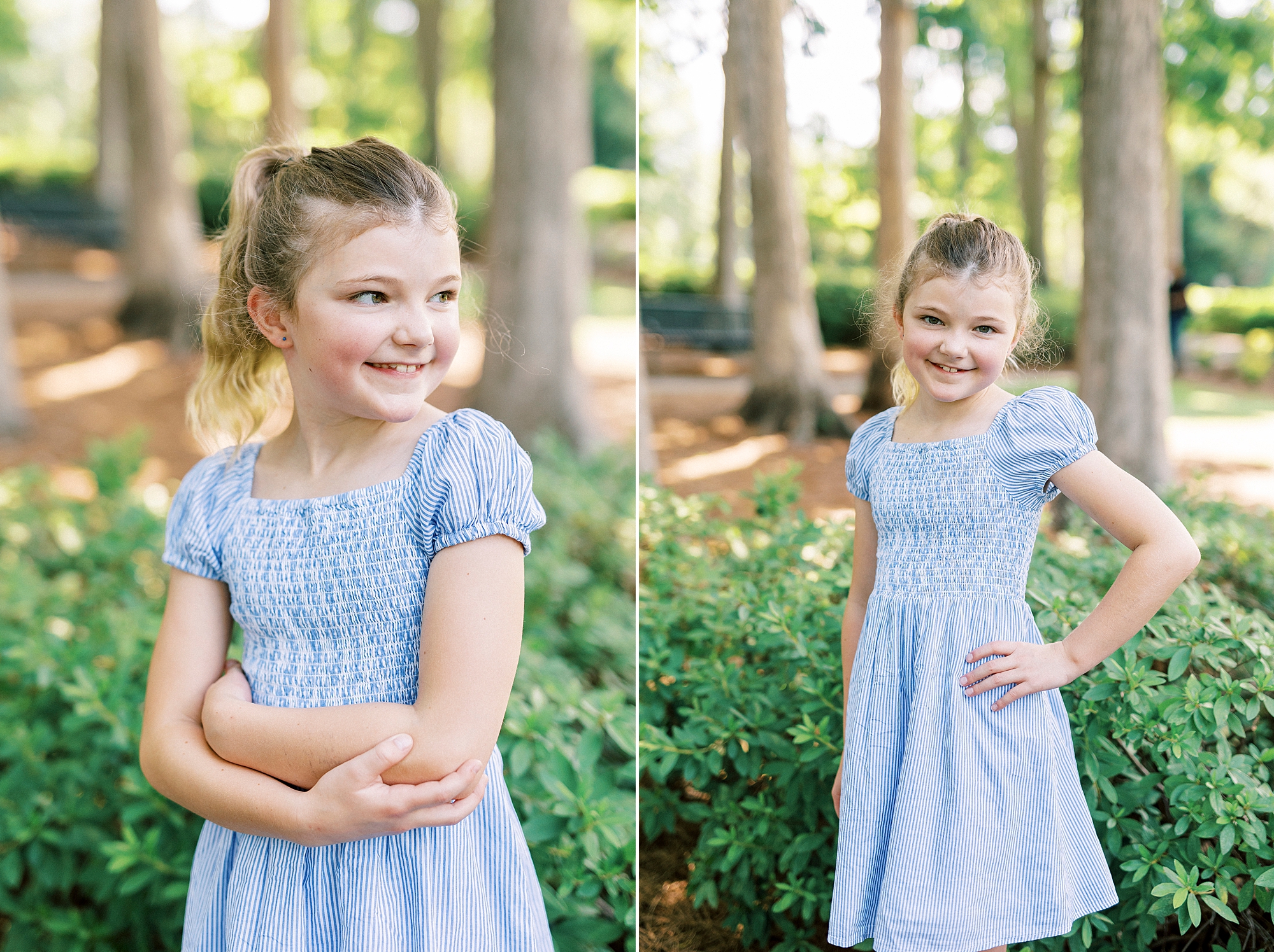 blonde girl in light blue dress smiles standing in Cullman Park