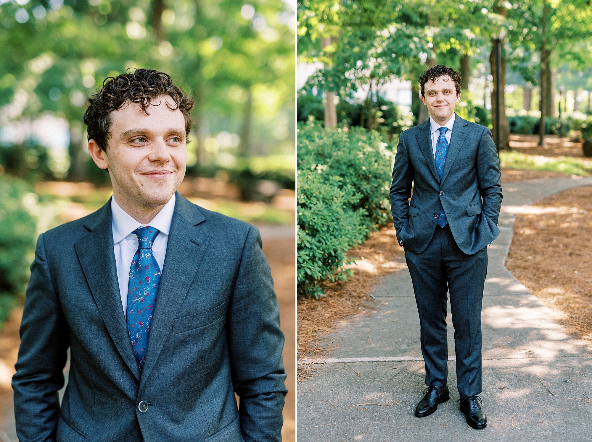 teenage boy poses in suit with blue tie