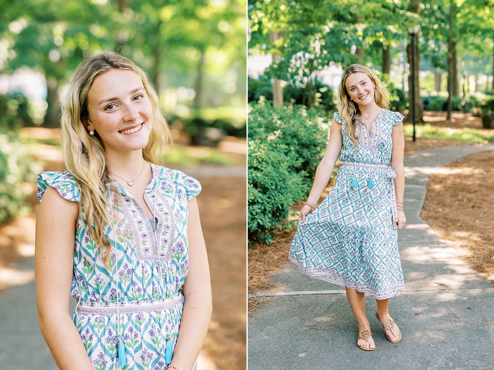 teenage girl poses in blue dress in Cullman Park