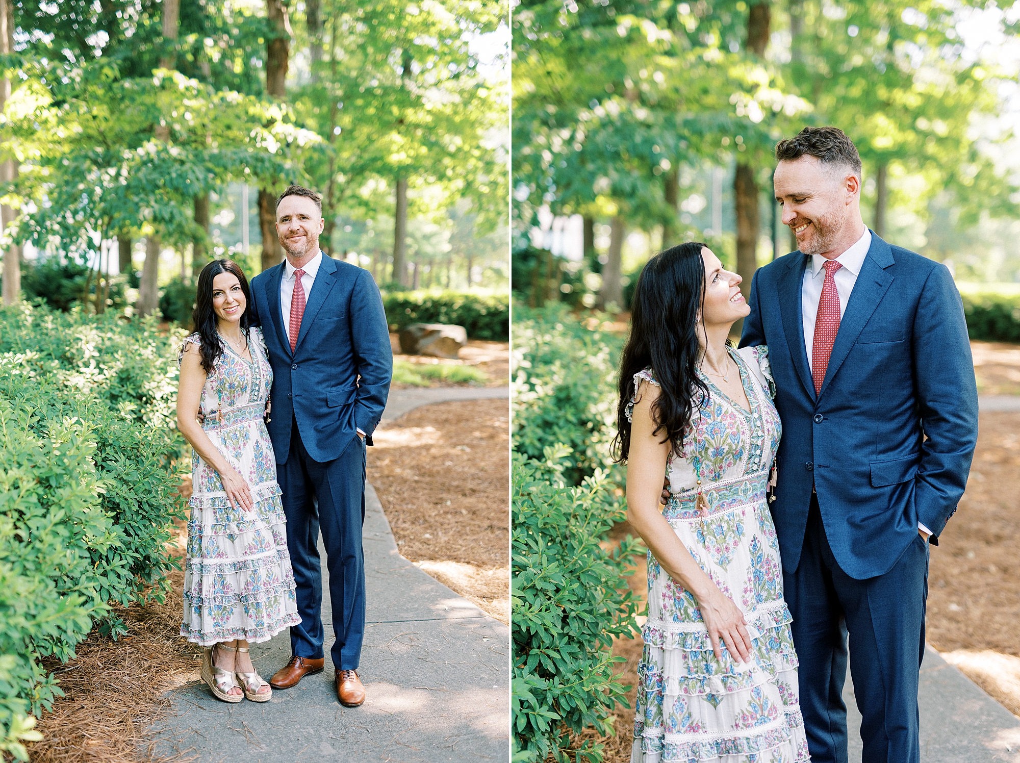 couple hugs smiling at each other on pathway at Cullman Park