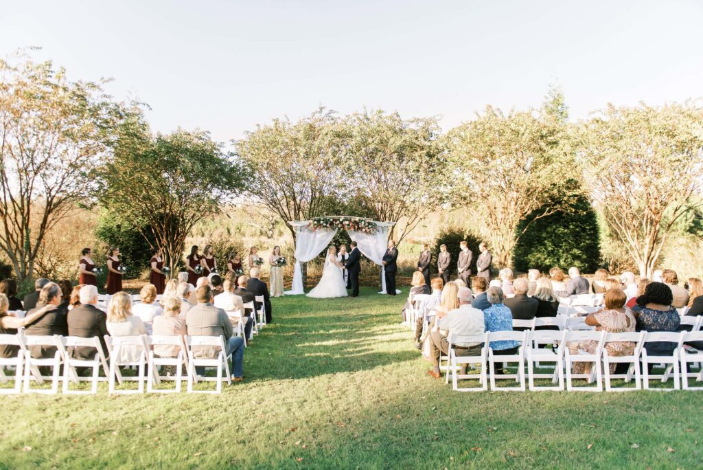 outdoor fall wedding ceremony at the arbors events in Cleveland North Carolina