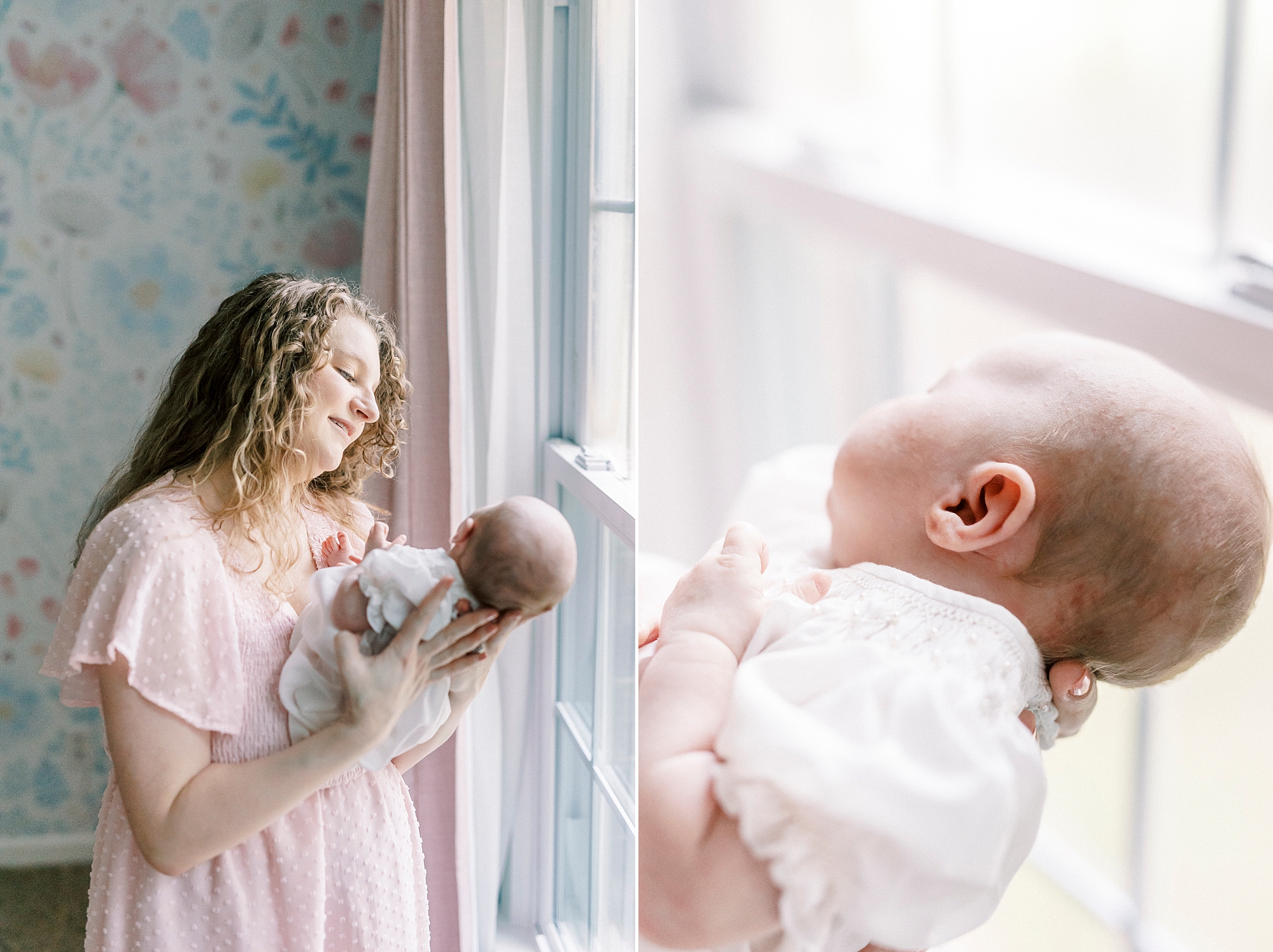 mom looks at baby holding her by window of NC home
