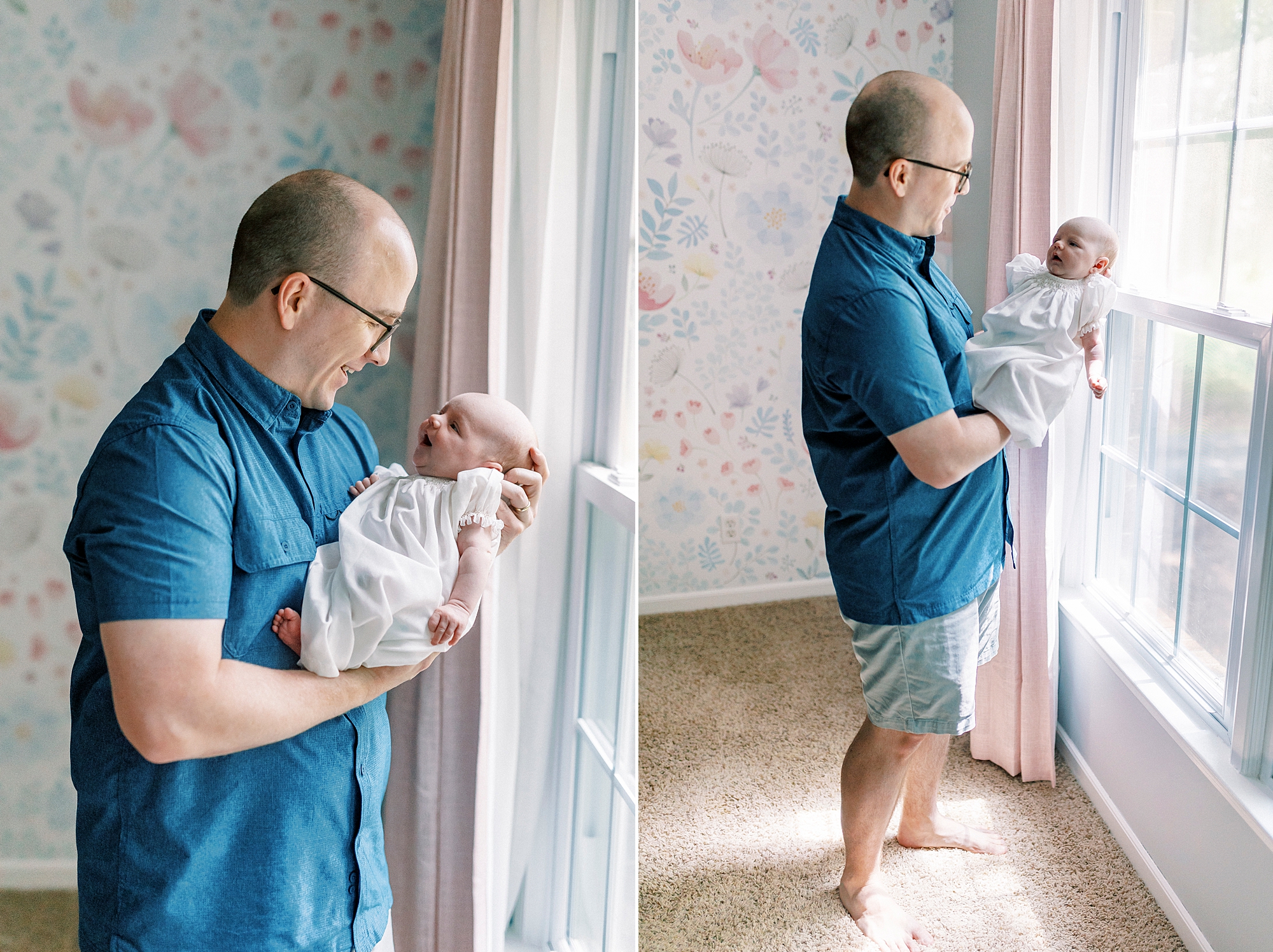 dad holds baby girl by window during lifestyle newborn session with Winston-Salem family photographer