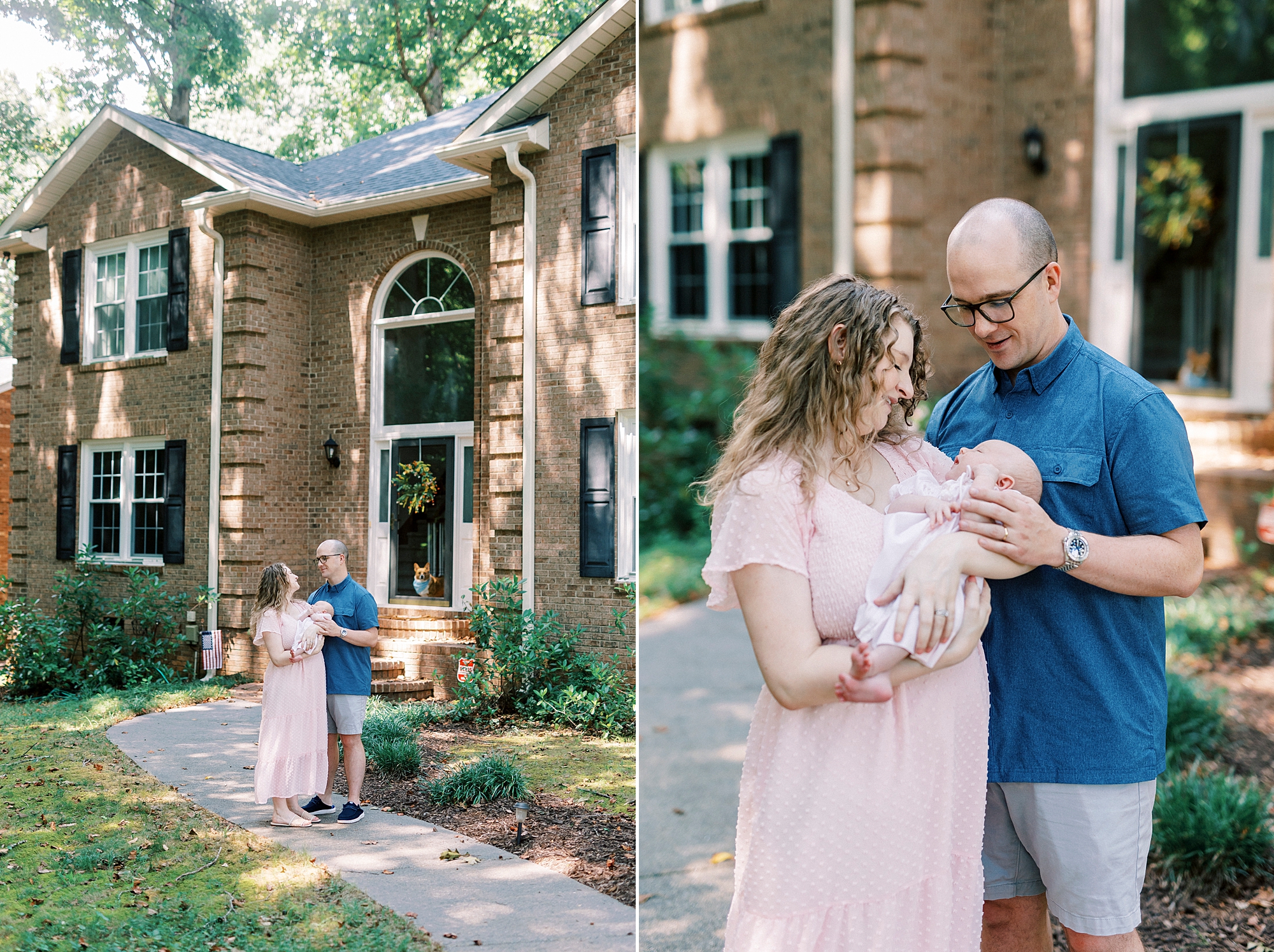 parents walk outside home in Winston-Salem NC with newborn baby girl