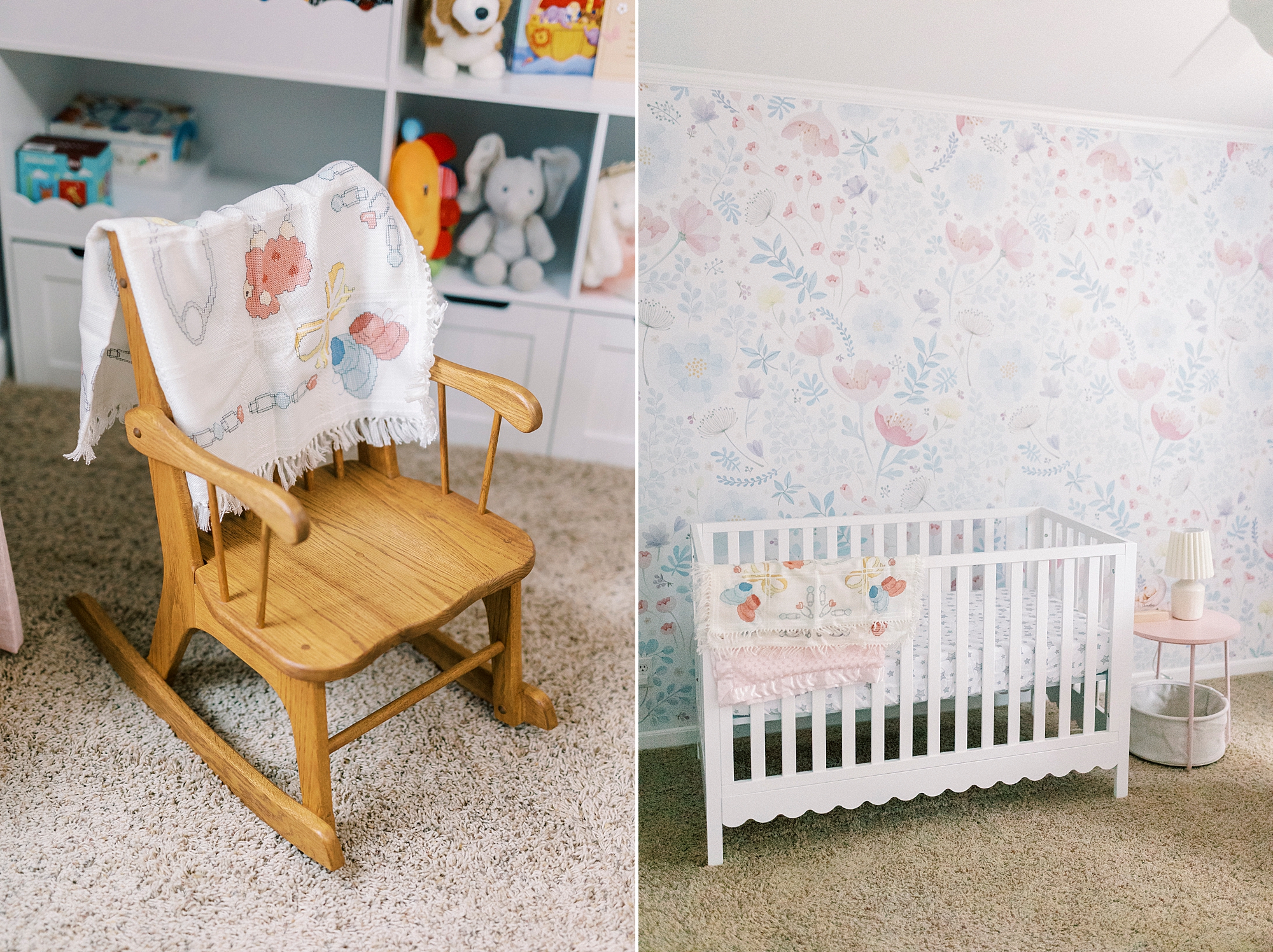 wooden rocking chair by white crib in Winston-Salem home