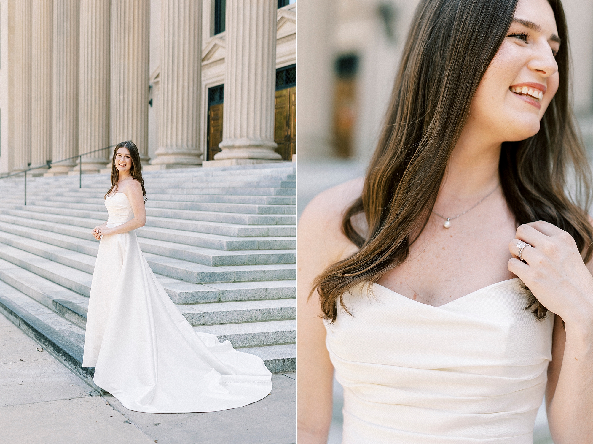 bride poses on steps of building in Uptown Charlotte in wedding gown