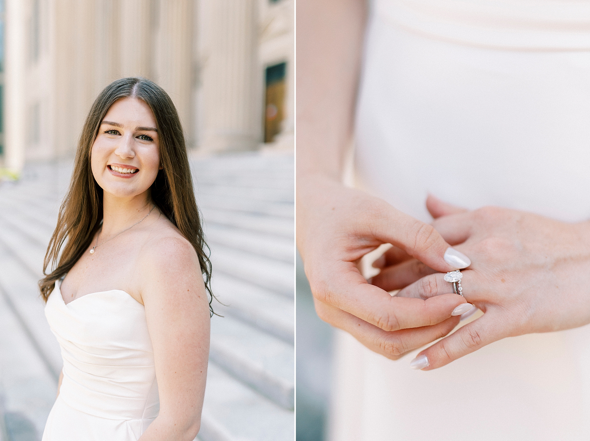 bride adjusts rings standing on steps 