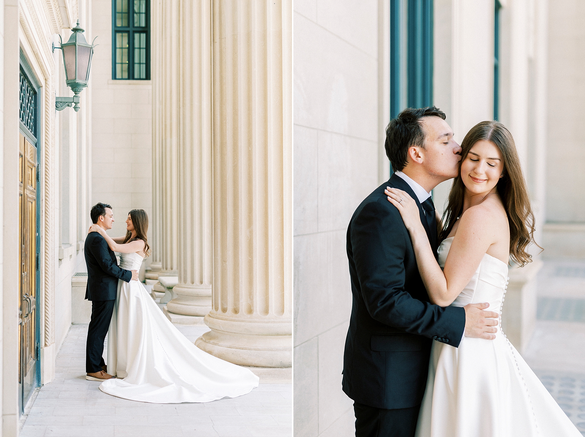 bride and groom hug on wedding day in Uptown Charlotte 