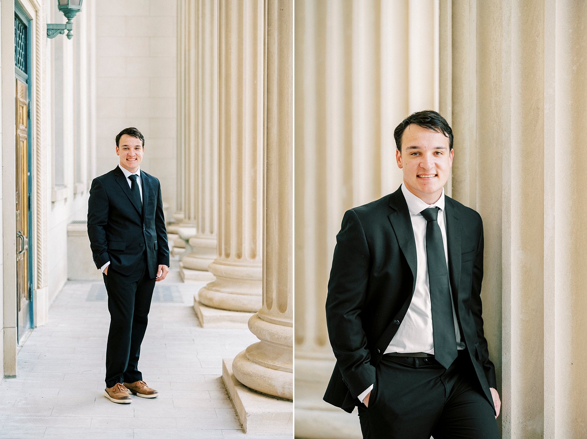 groom in black suit leans against pillar of Uptown Charlotte building 