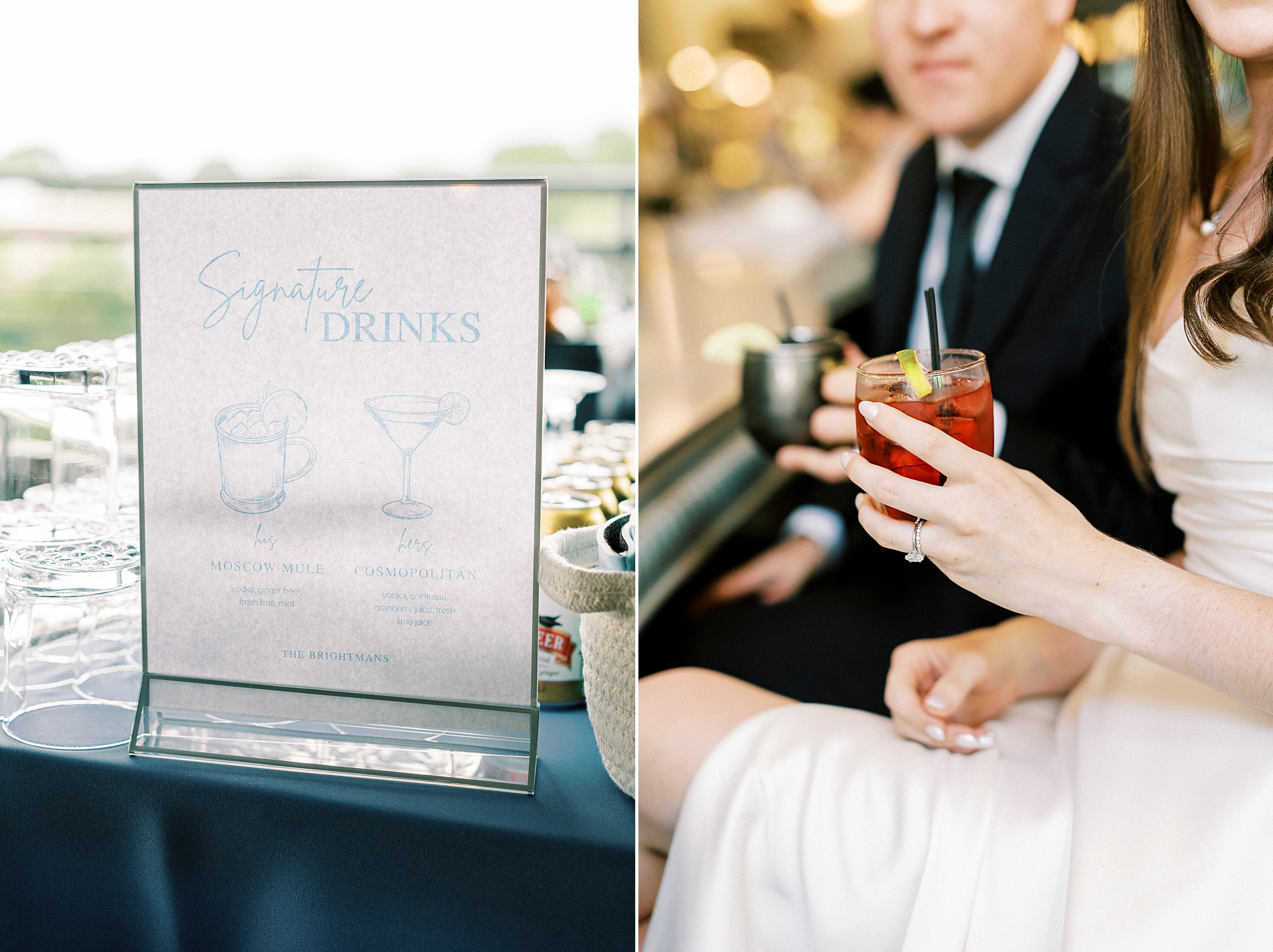 bride and groom hold custom cocktails for reception at Terrace at Cedar Hill