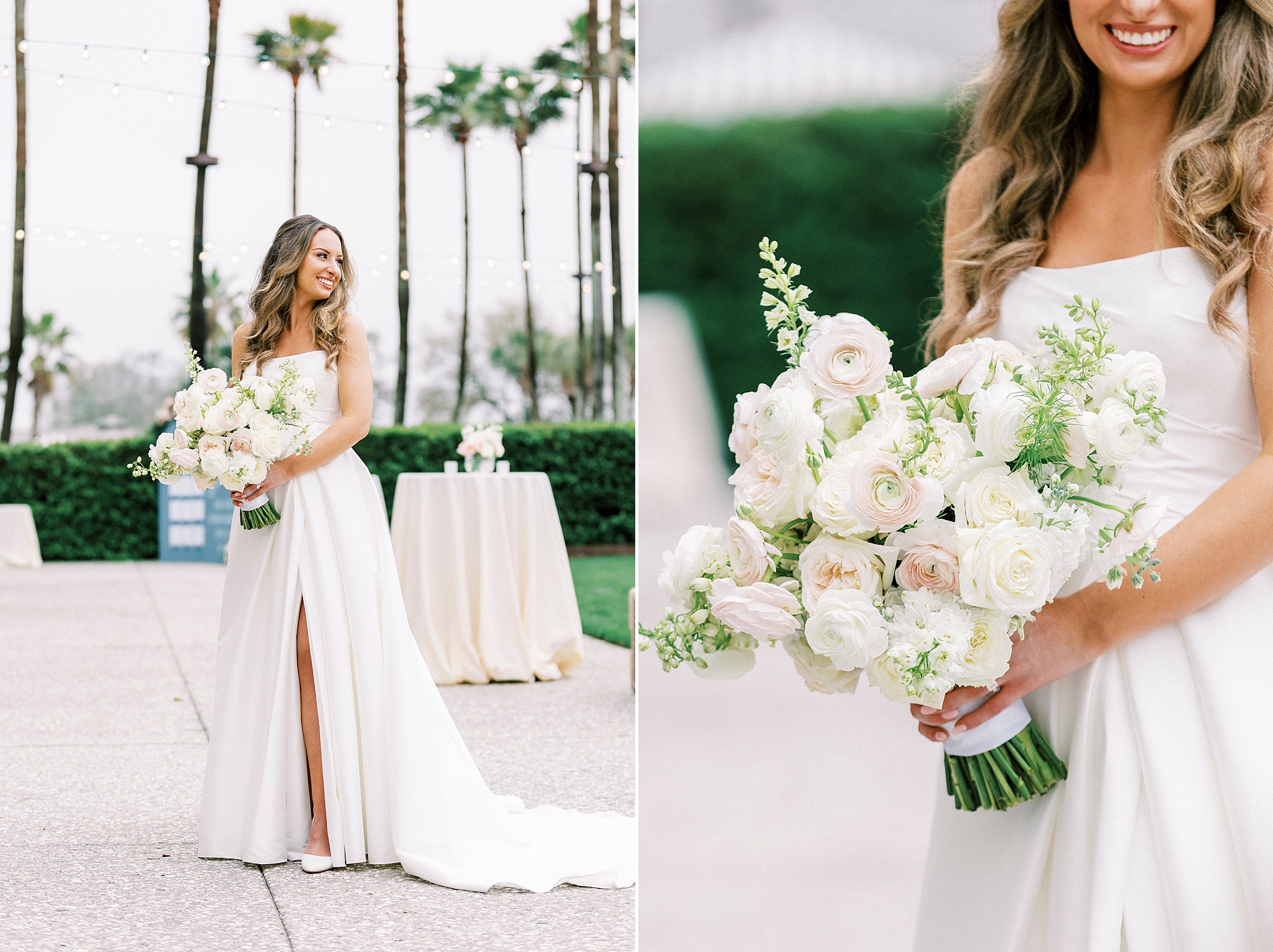 elegant bride in wedding dress holding soft bouquet of flowers 