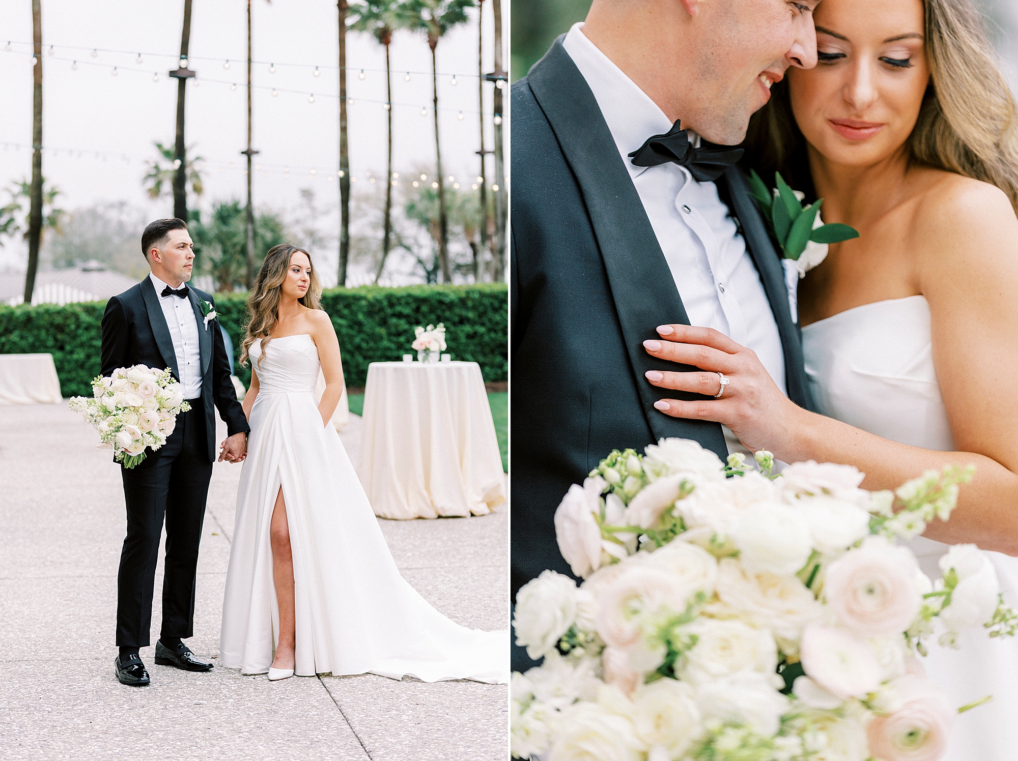 bride and groom lean into each other during wedding portraits 