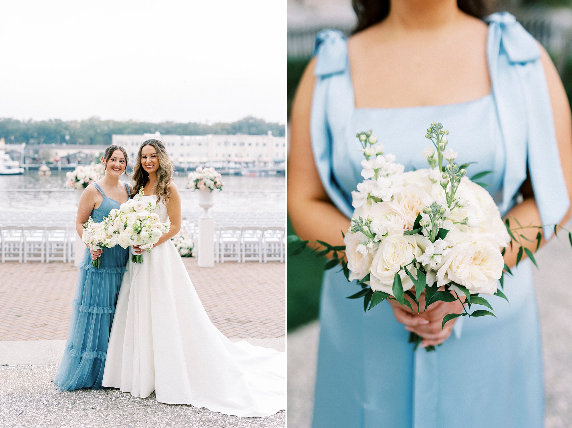 bridesmaid in blue dress with white rose bouquet by the riverfront