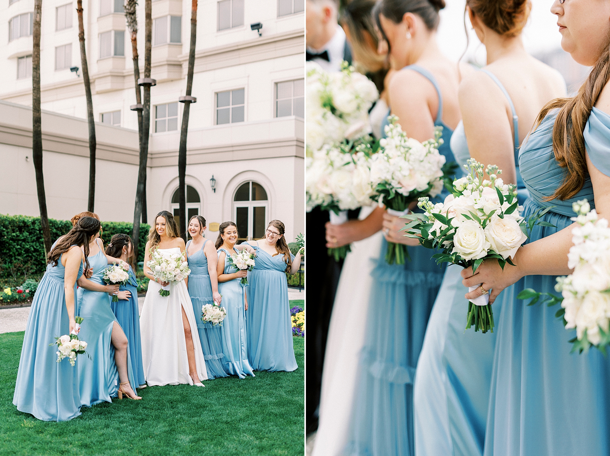 bridesmaids in blue dresses surround bride 