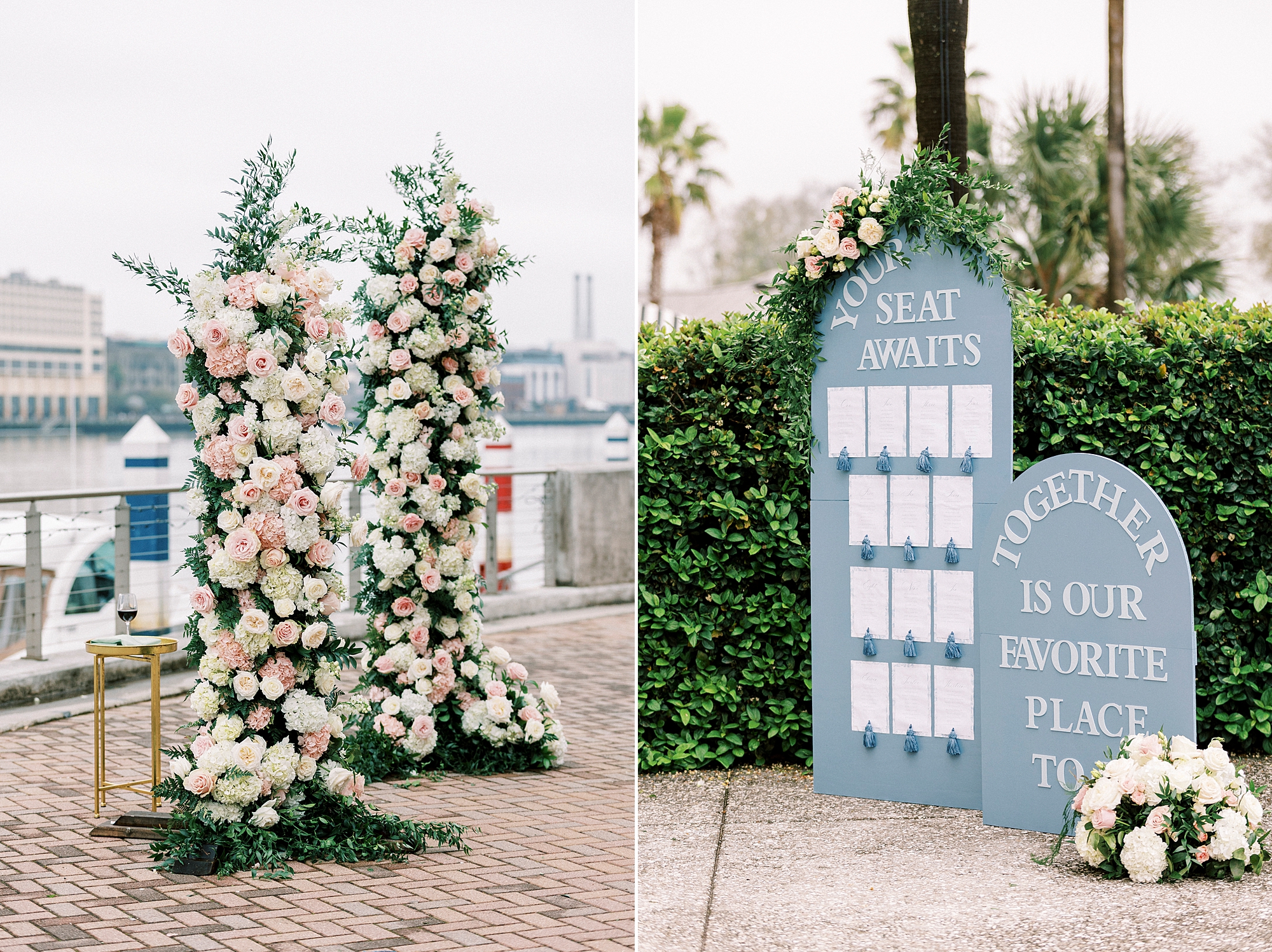 elegant wedding details with soft, romantic floral arch and blue seating chart