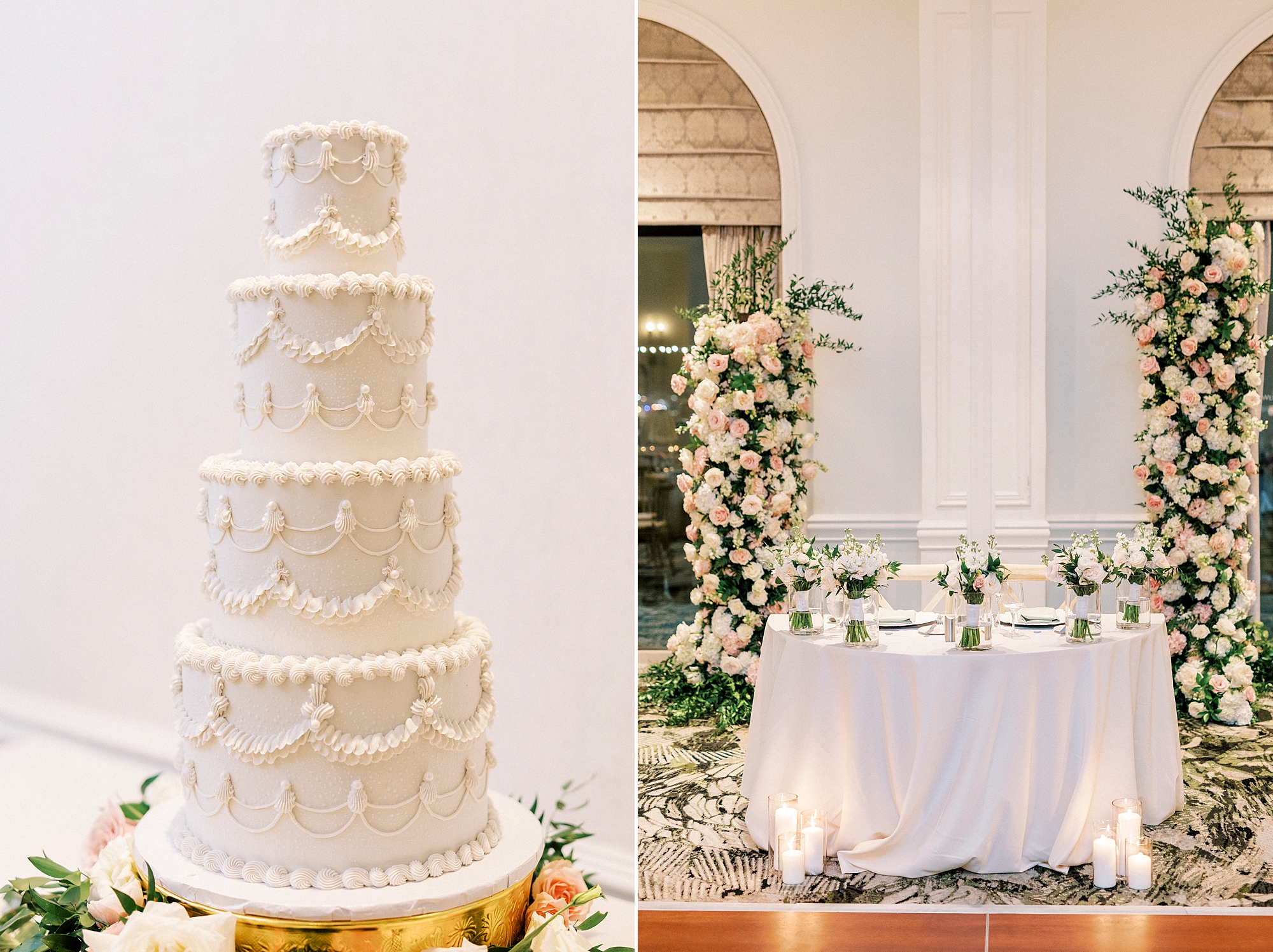 elegant 4 tiered wedding cake and floral arch at wedding reception 