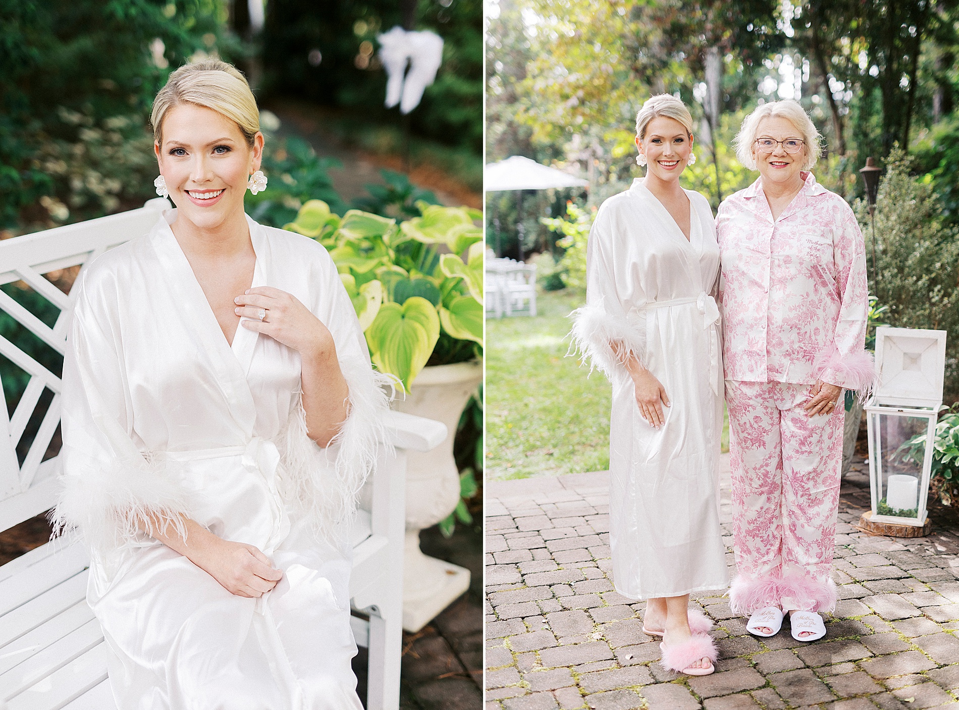 bride in white robe getting ready