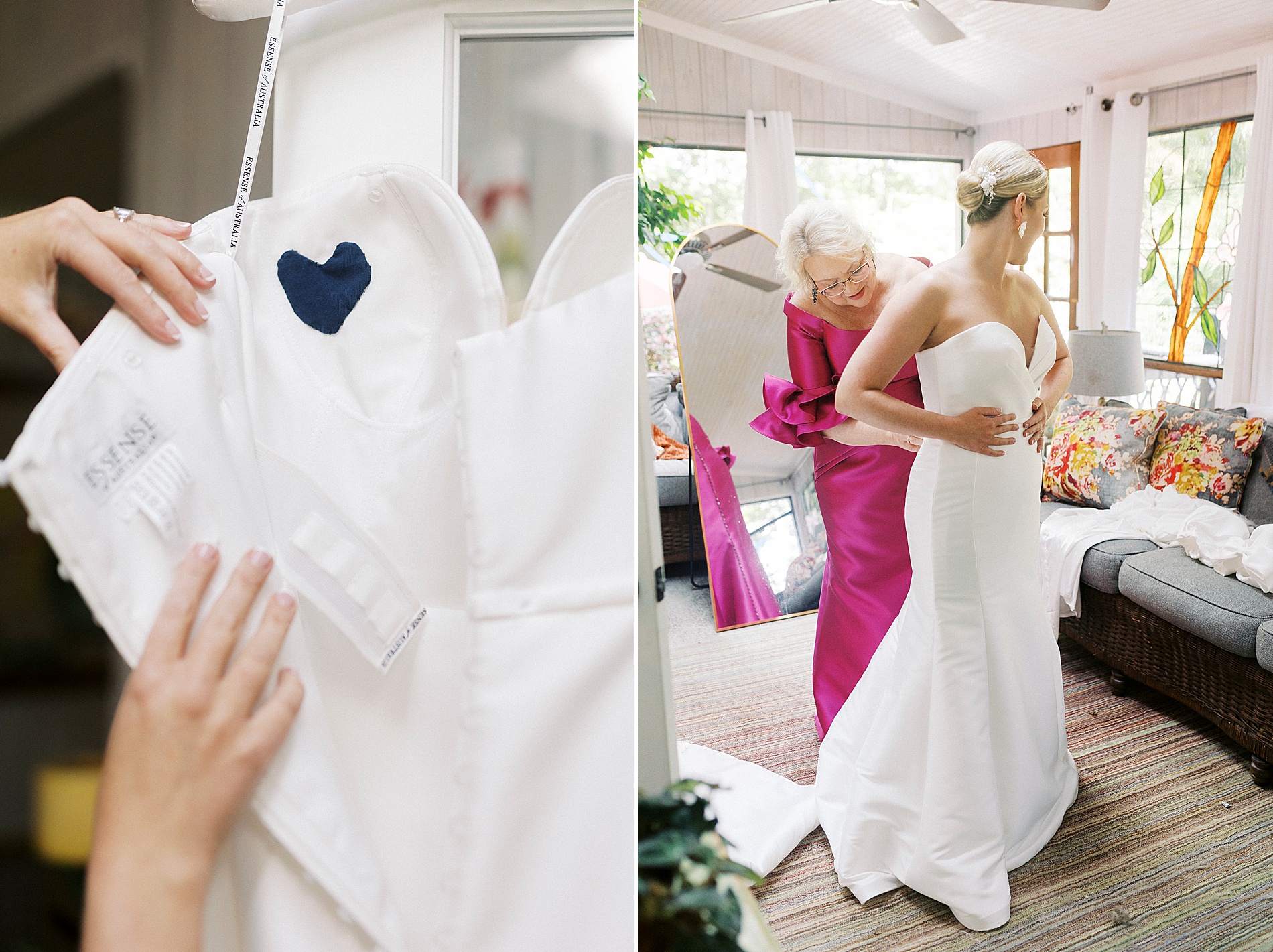 bride getting into wedding dress