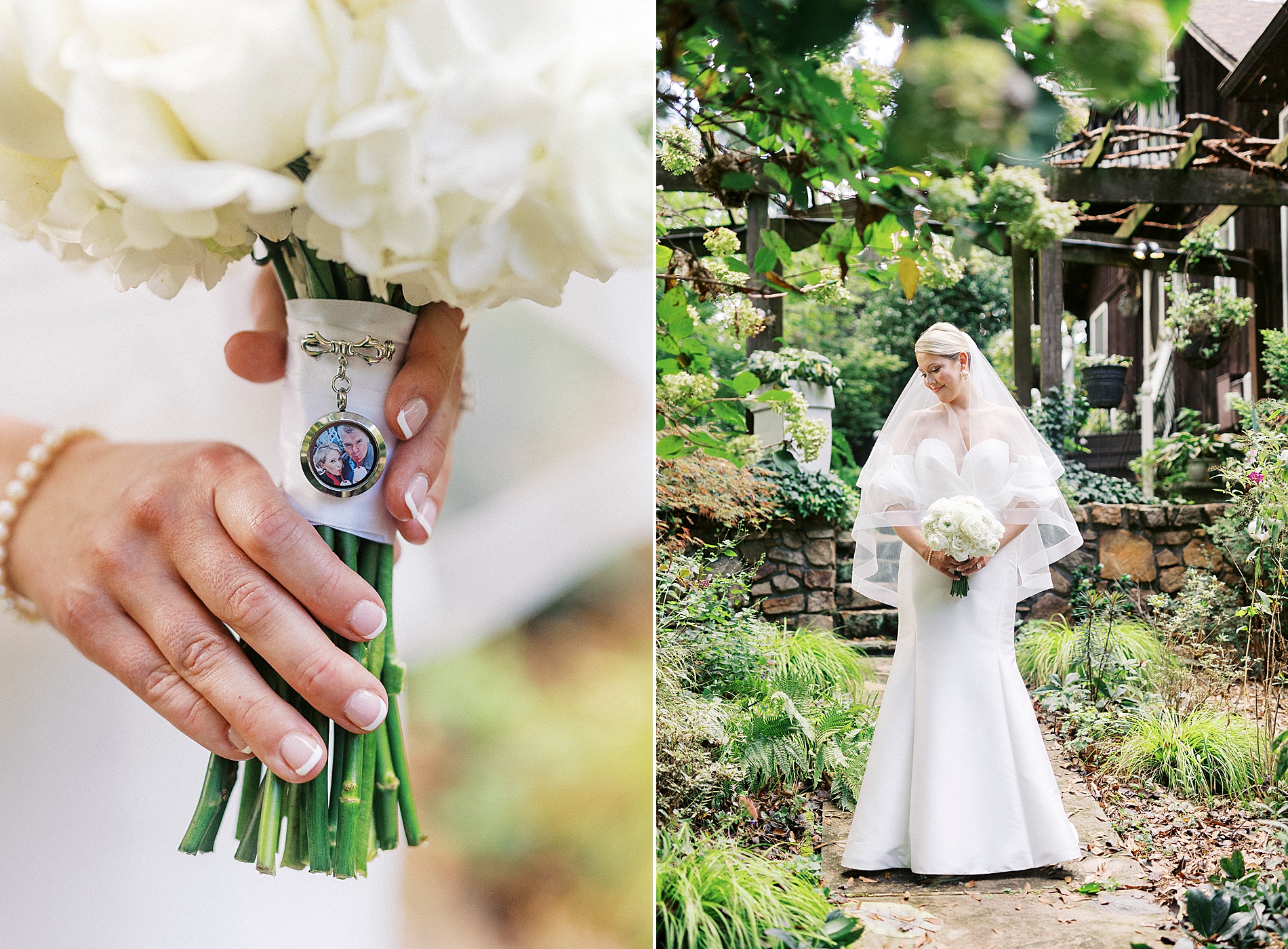 bride holding white wedding bouquet with charm around stems