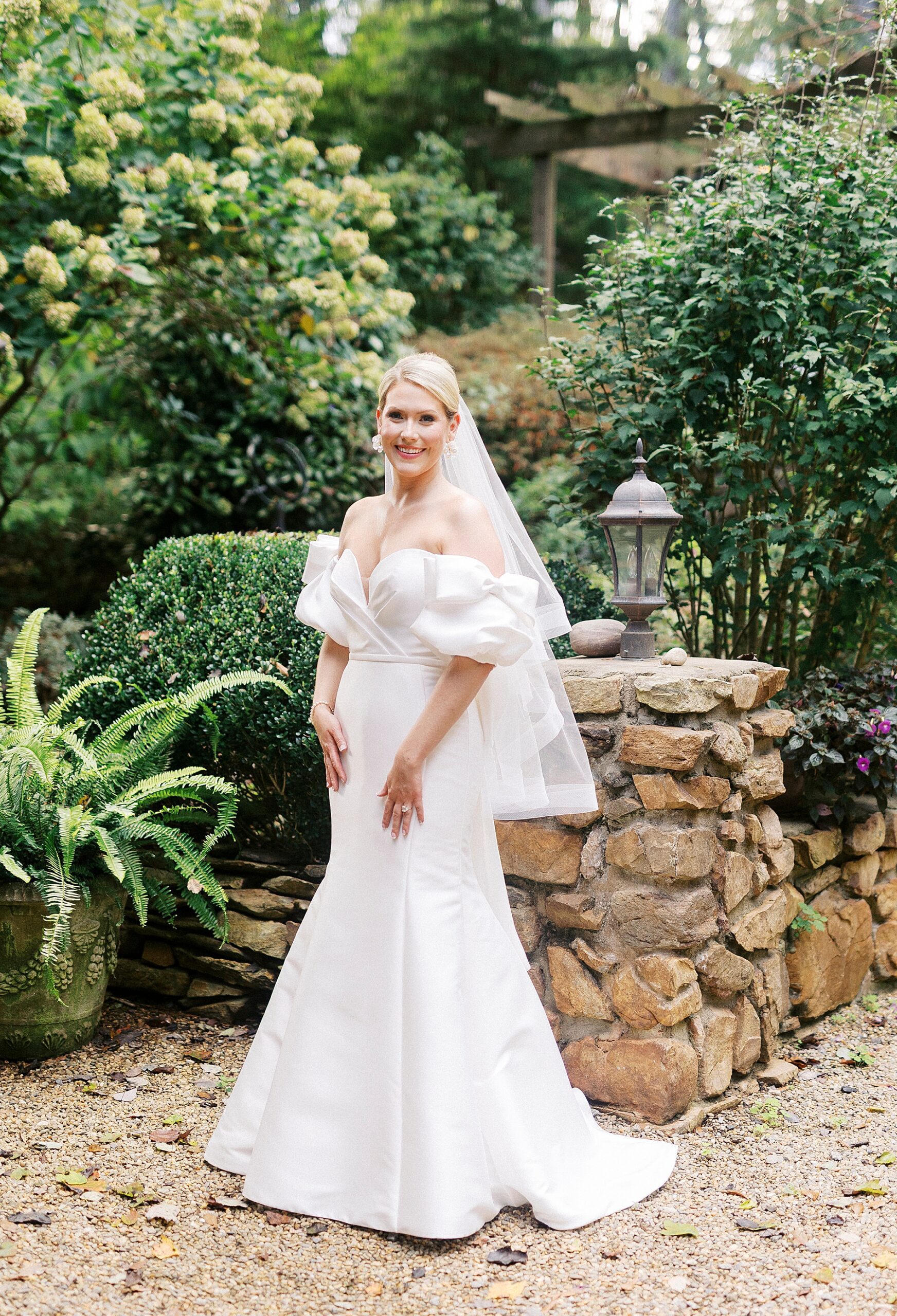 elegant bride in wedding dress with bow details on sleeves