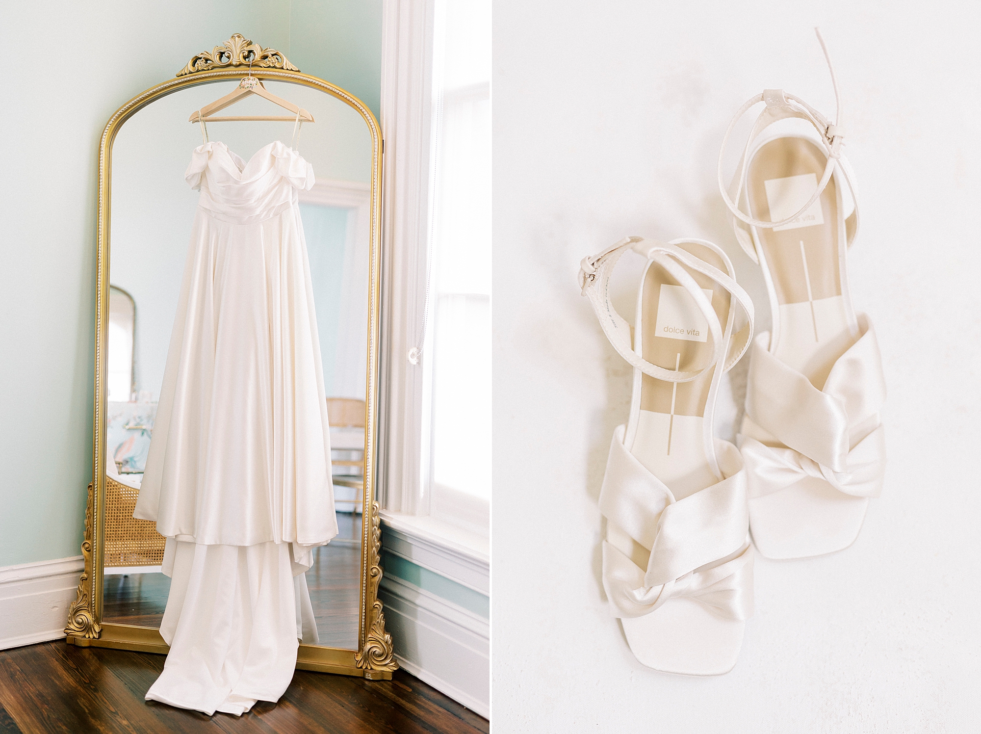 wedding dress and bridal shoes