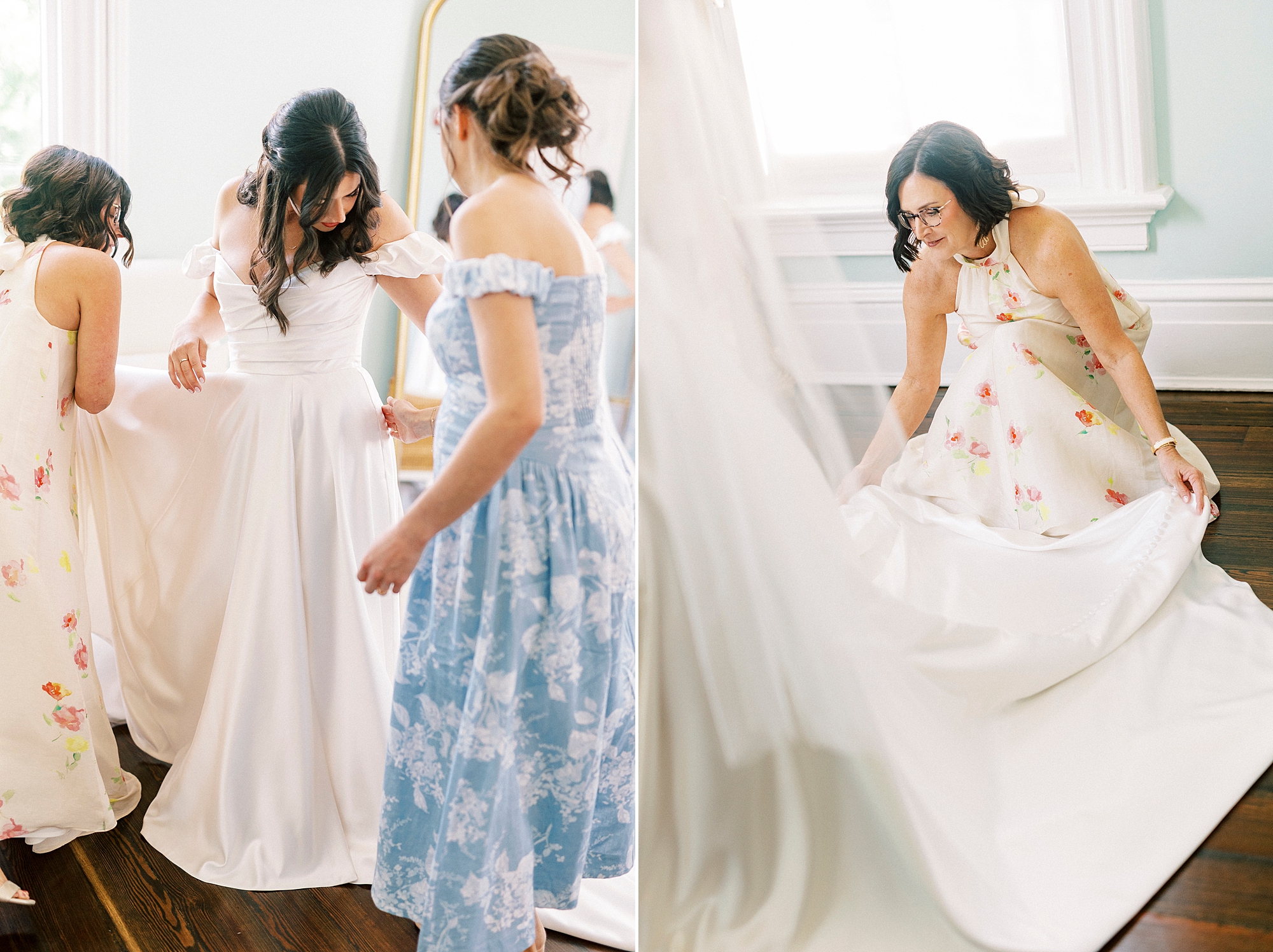 mom bridesmaids helping bride into dress