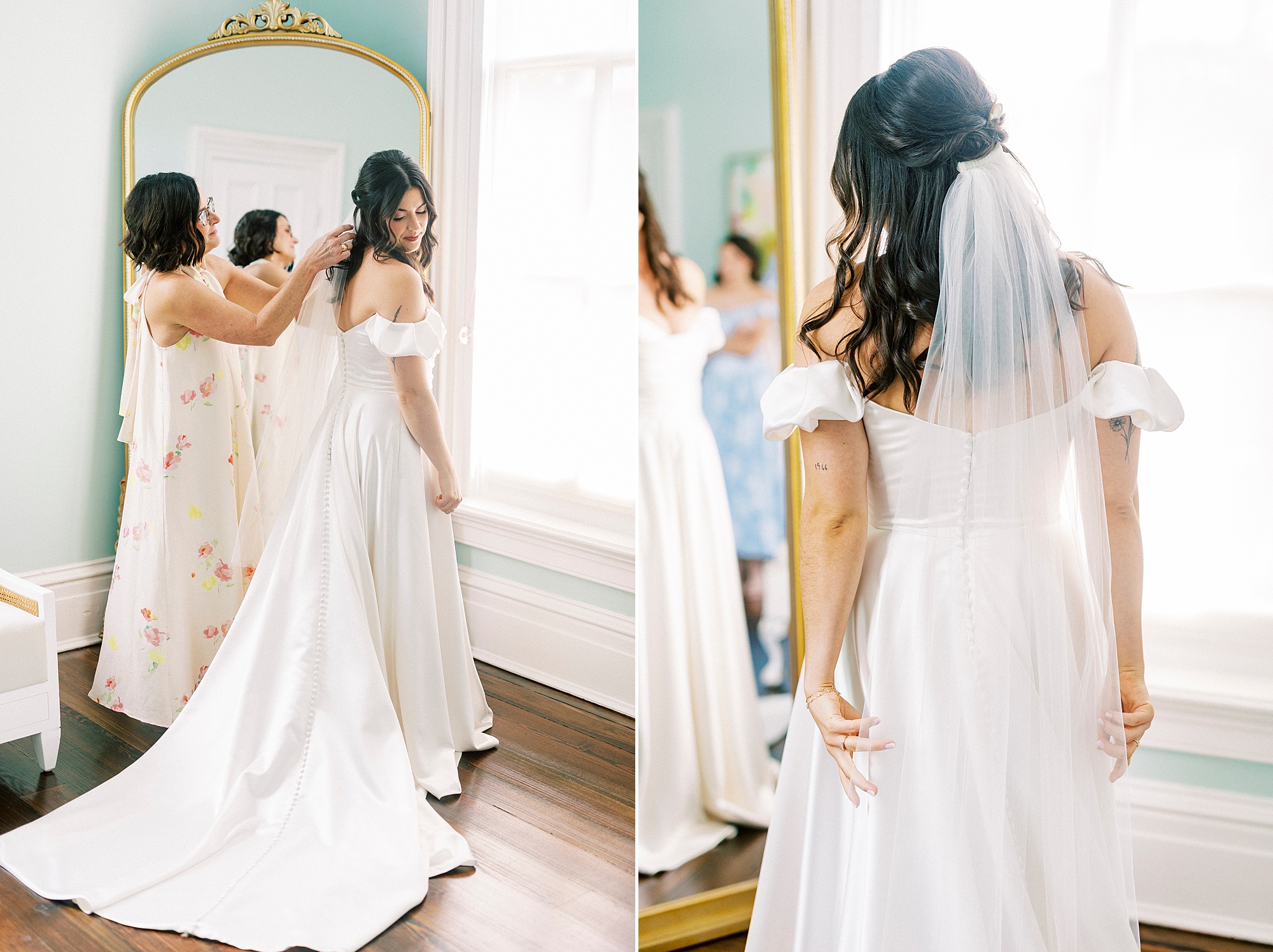 bride getting into dress