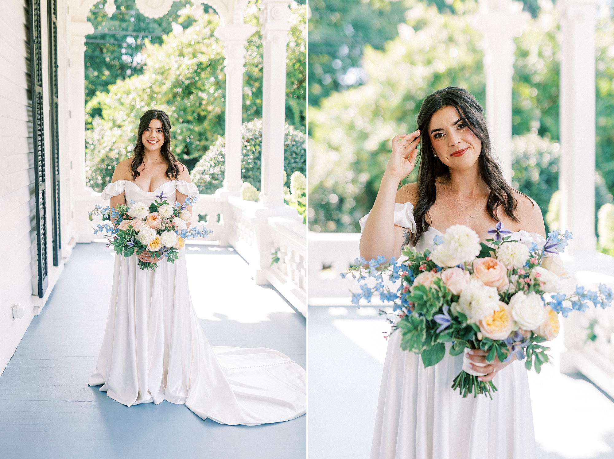 elegant bride on porch of The Merrimon-Wynne House in Raleigh, NC