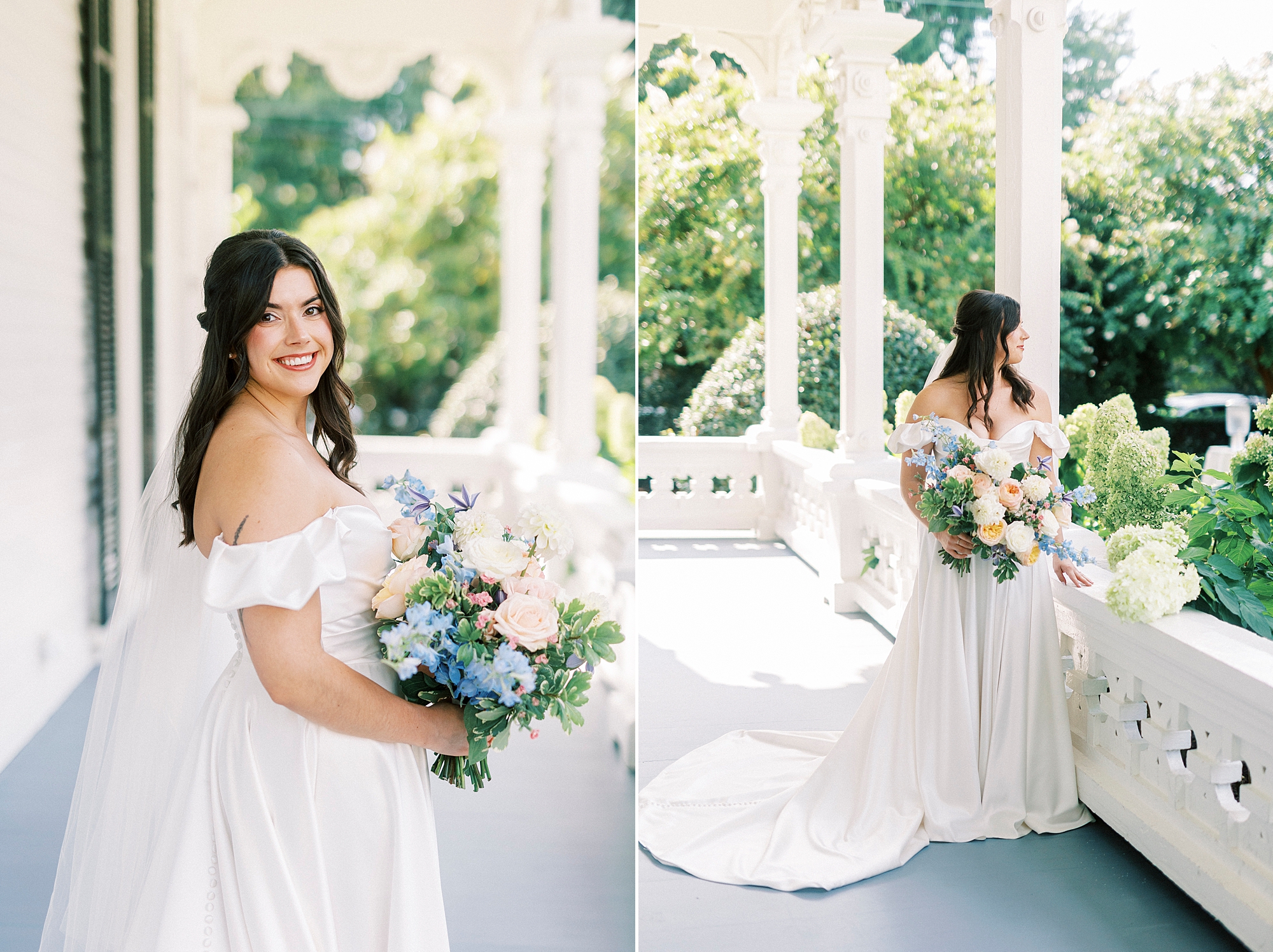 bride in wedding dress holding soft bridal bouquet 
