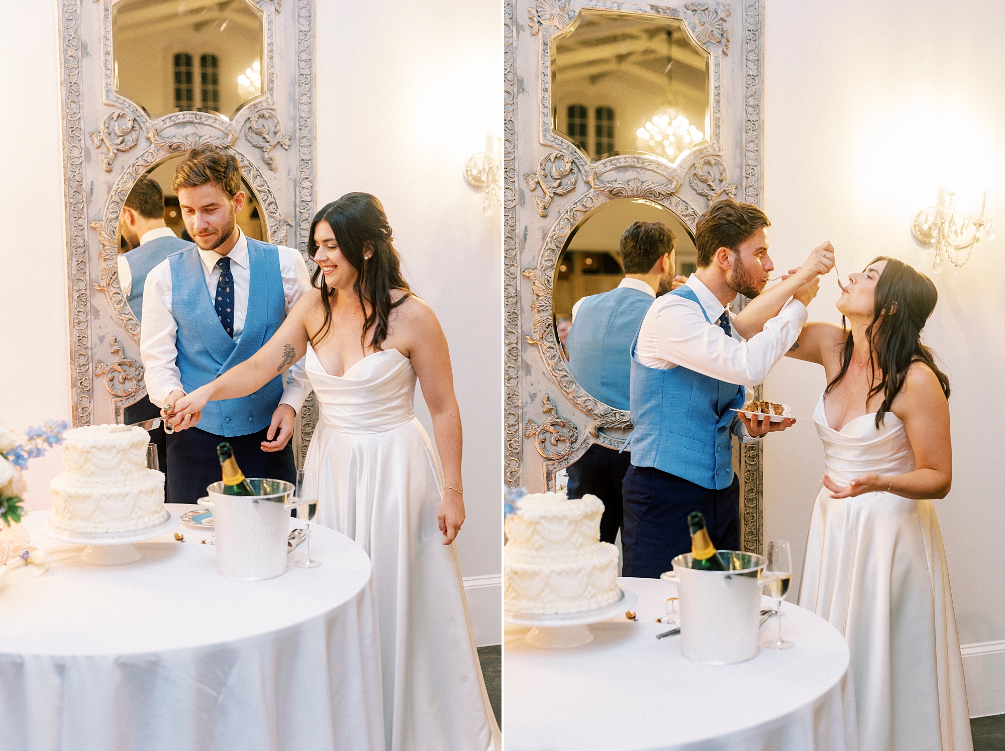 couple cut their wedding cake at The Merrimon-Wynne House
