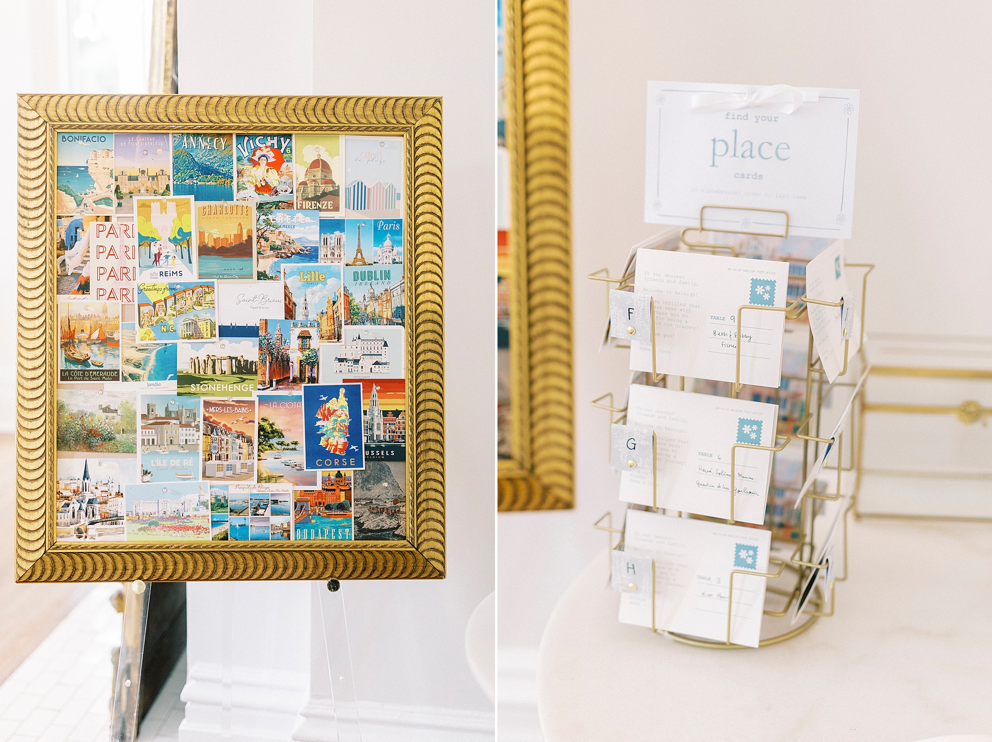 postcard and stamp display at wedding reception 