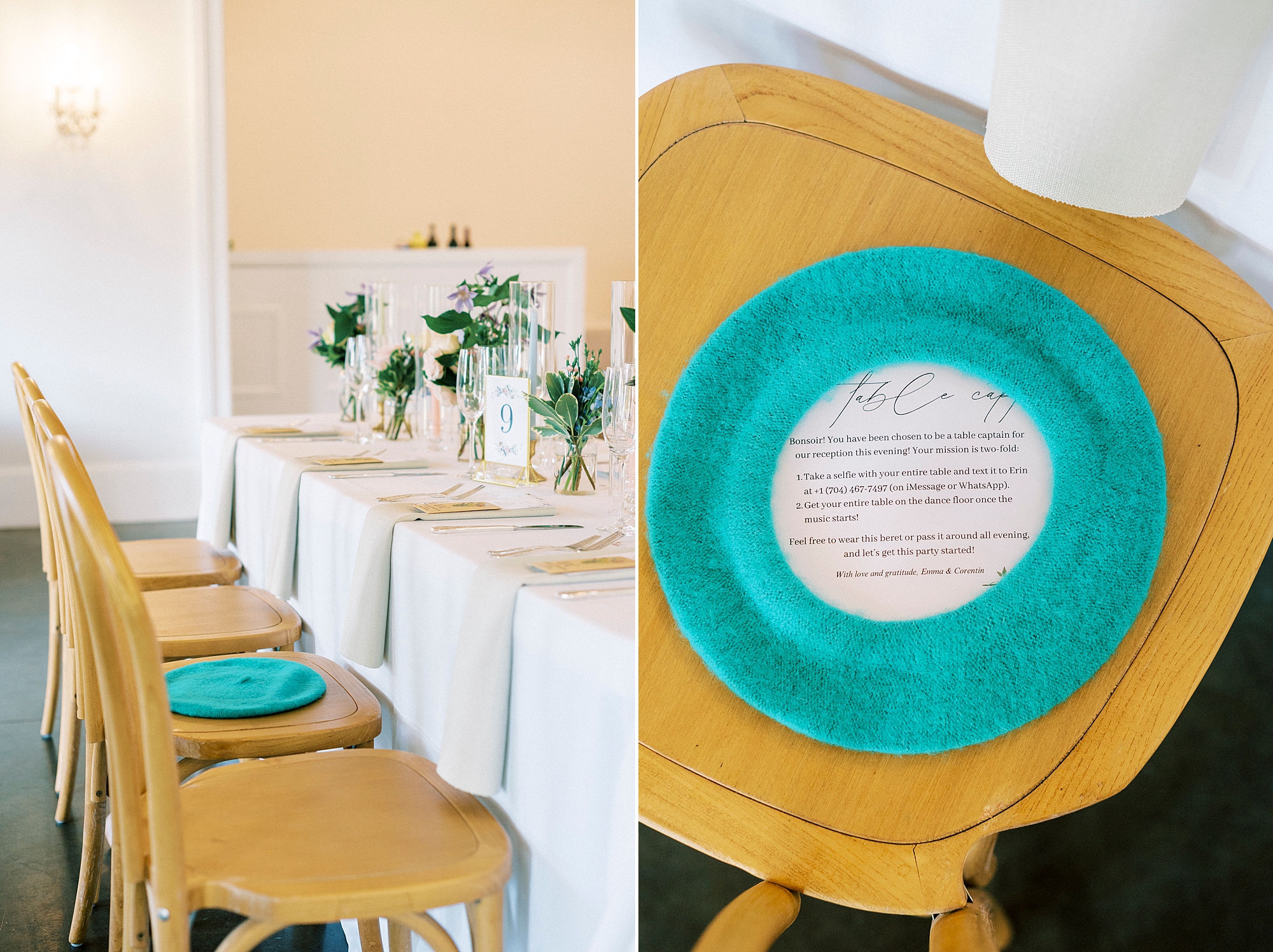 table captain with beret at  French-Inspired Wedding at The Merrimon-Wynne House in Raleigh, NC