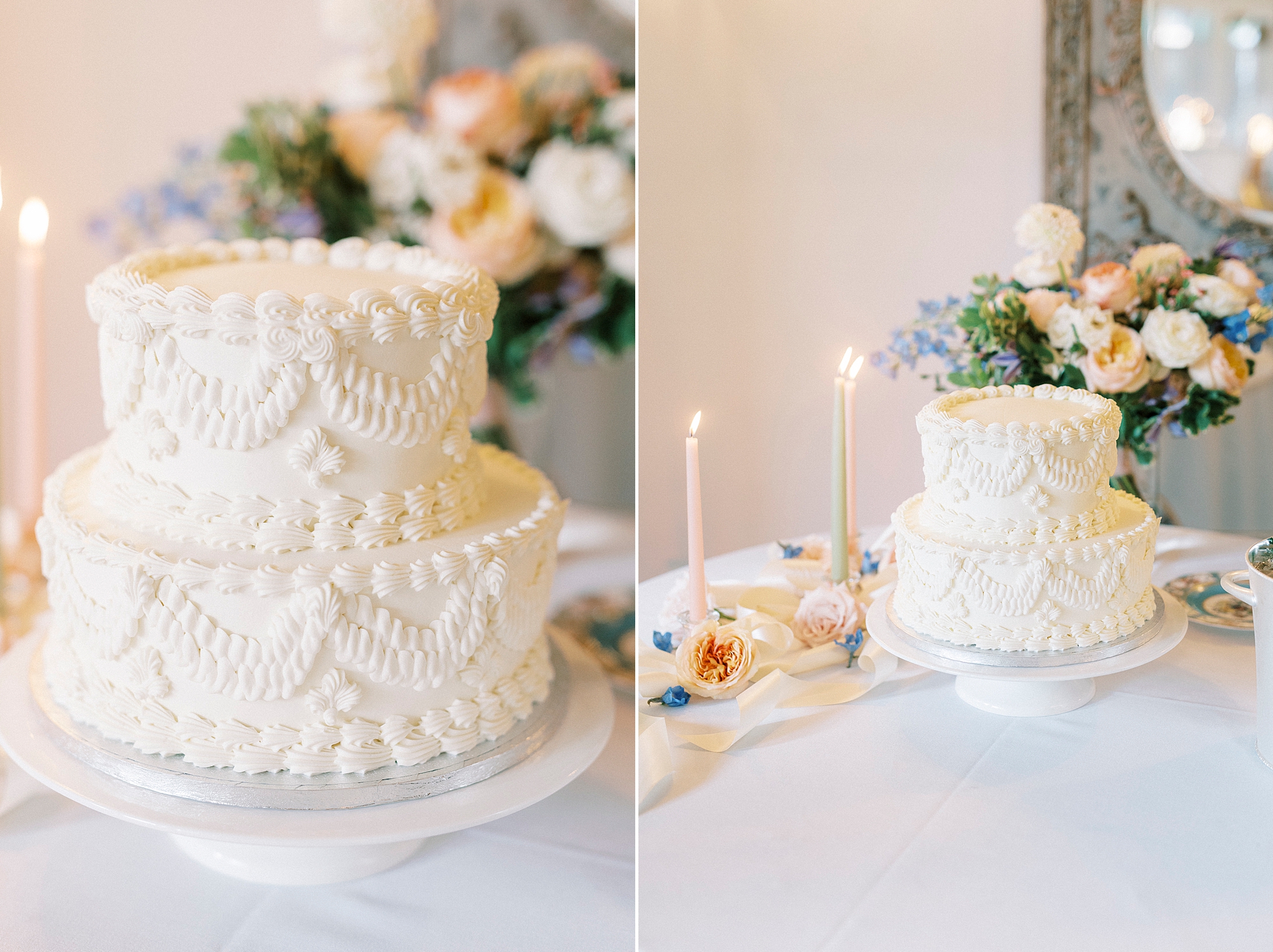 elegant white wedding cake with pipping detail 