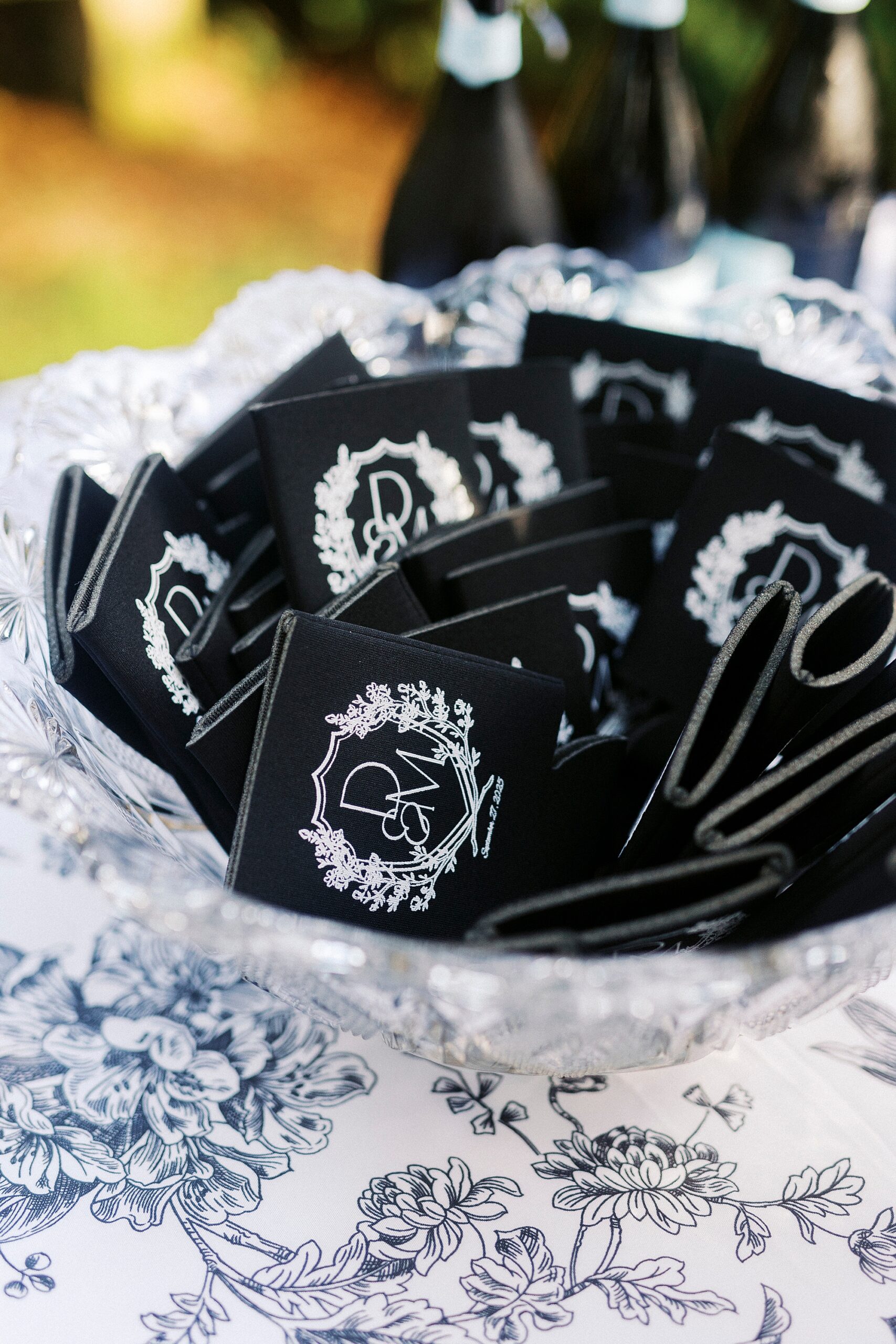 black koozie wedding favors with monogram