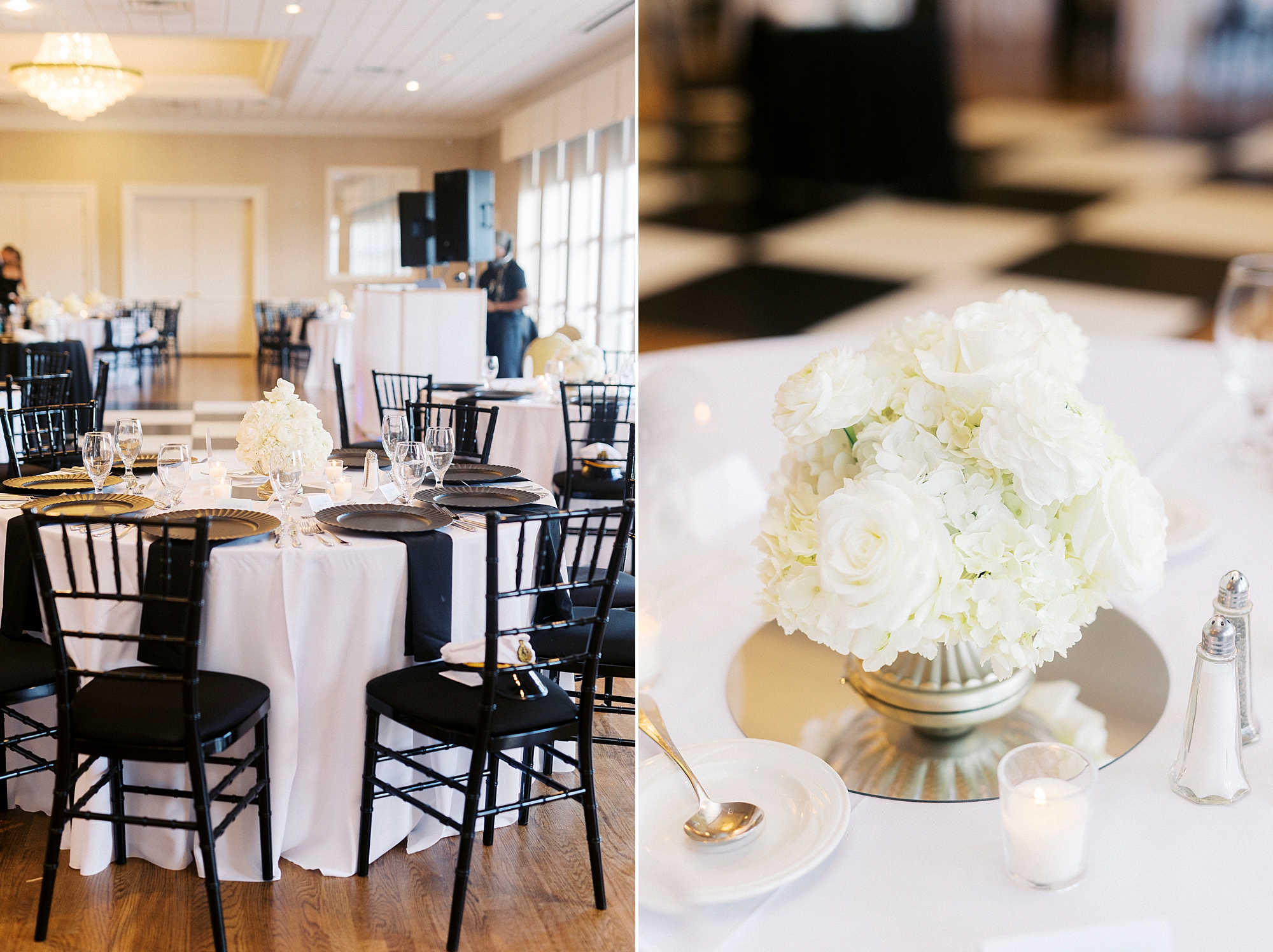 white and black wedding reception details at Gaston Country Club Wedding