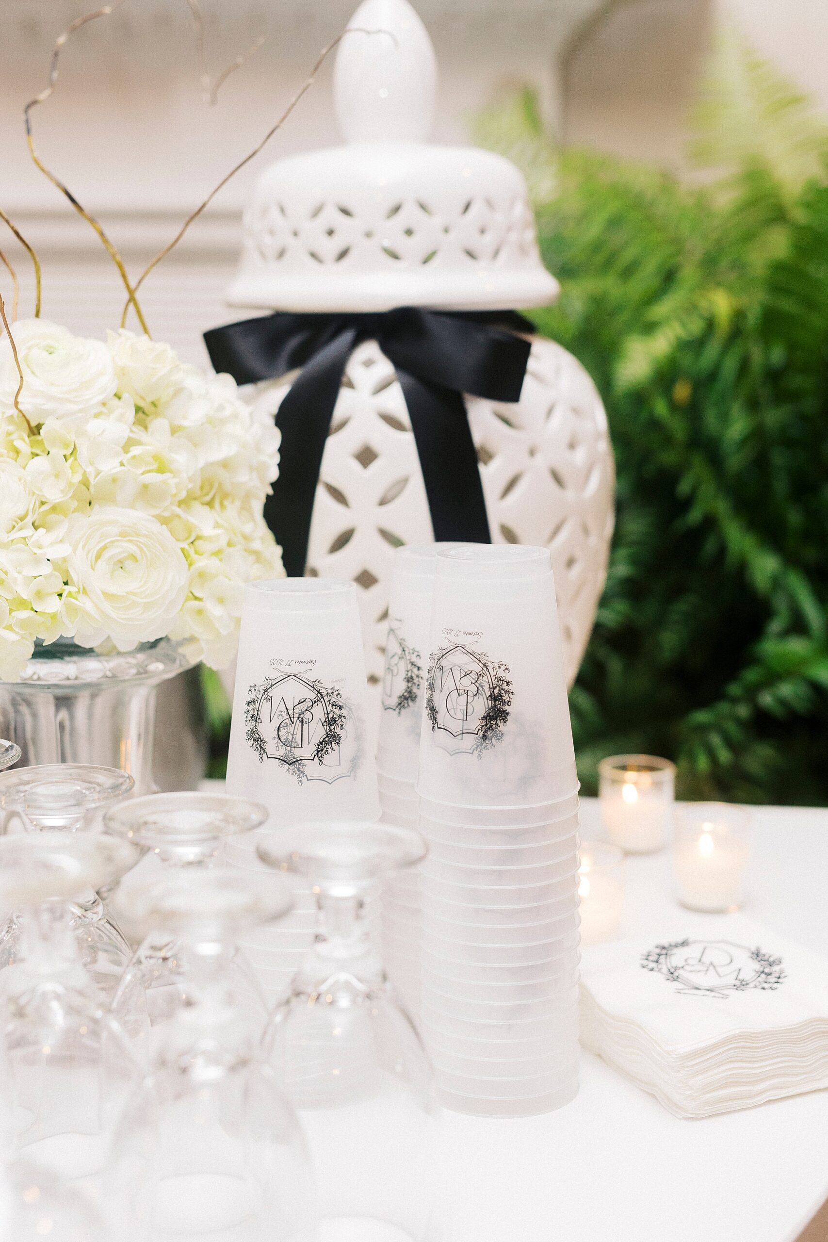 custom monogram frosted cups and cocktail napkins