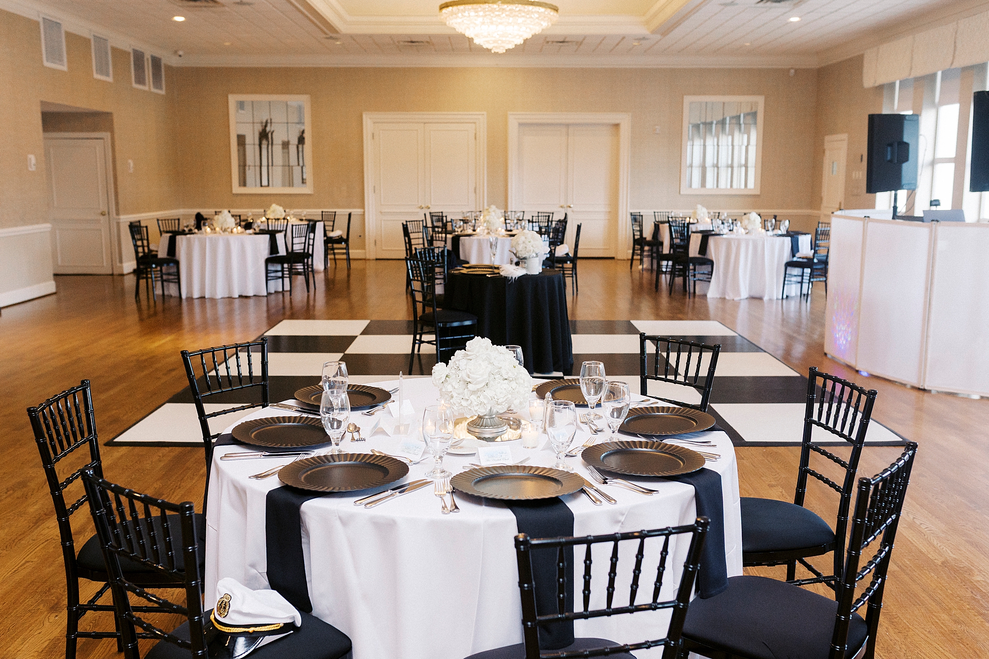 classic white and black wedding reception details at Gaston Country Club in Gastonia NC