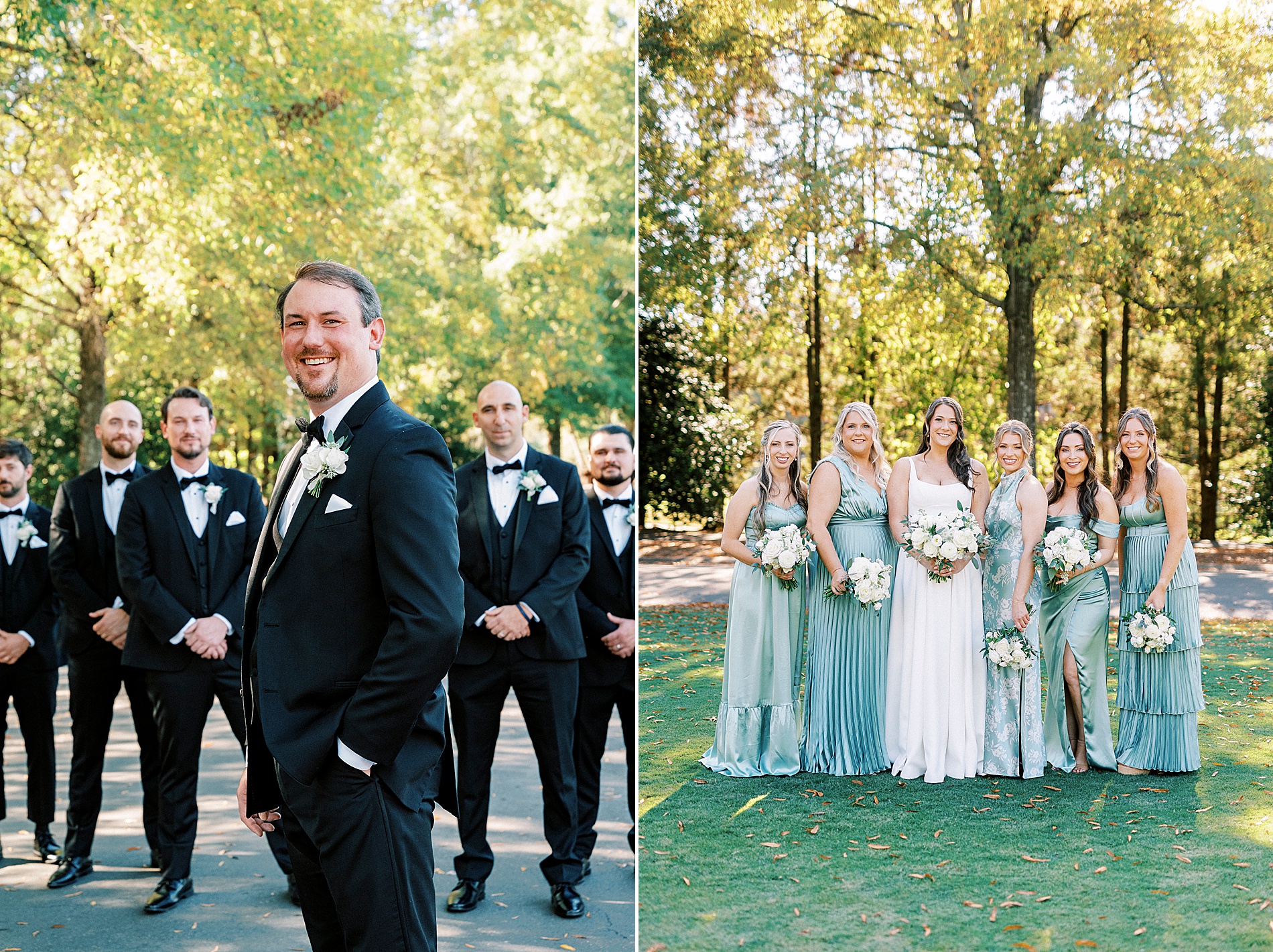 bridesmaids with bride and groomsmen with groom 