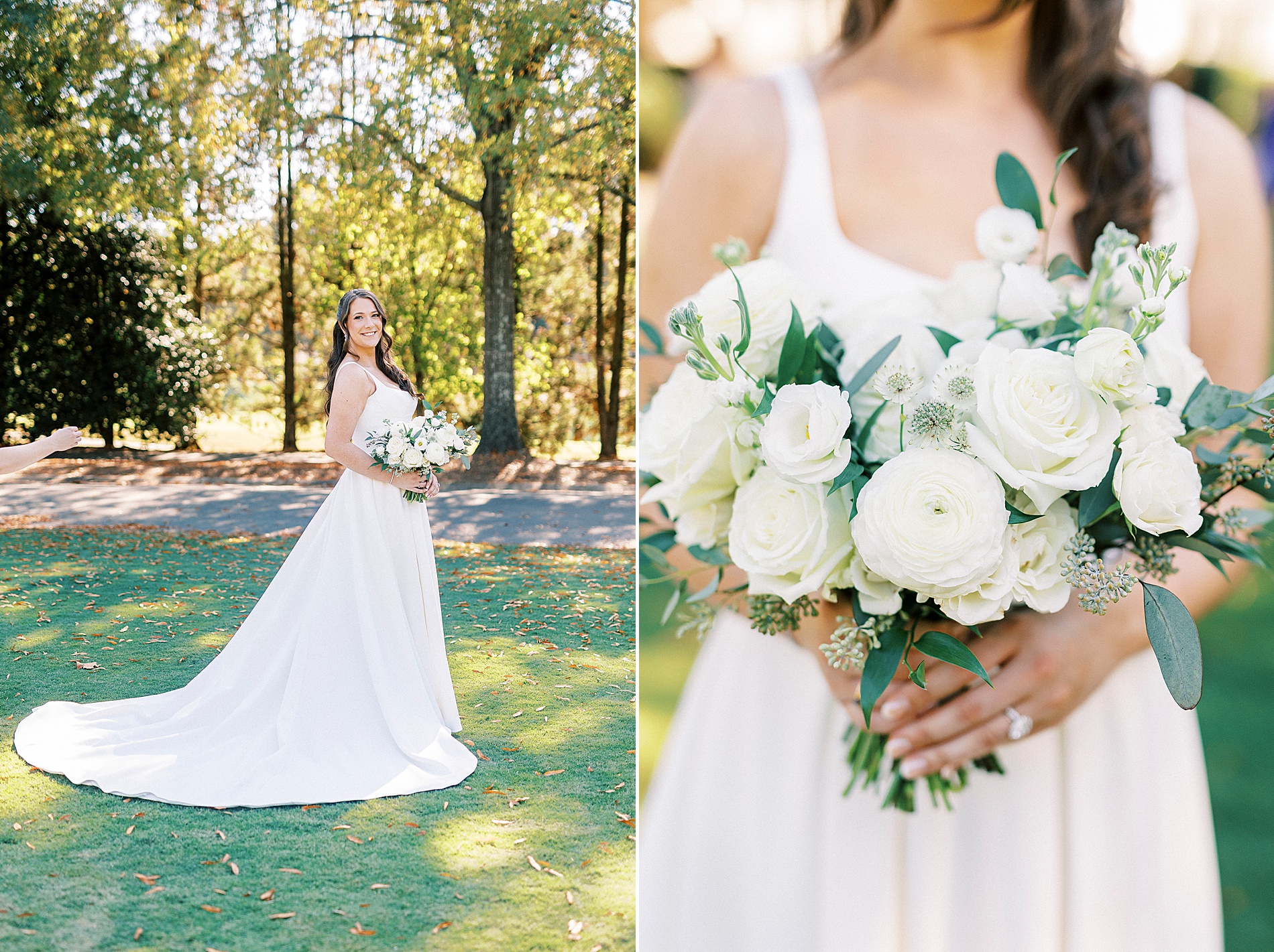 bridal portraits in wedding dress with classic white bouquet 