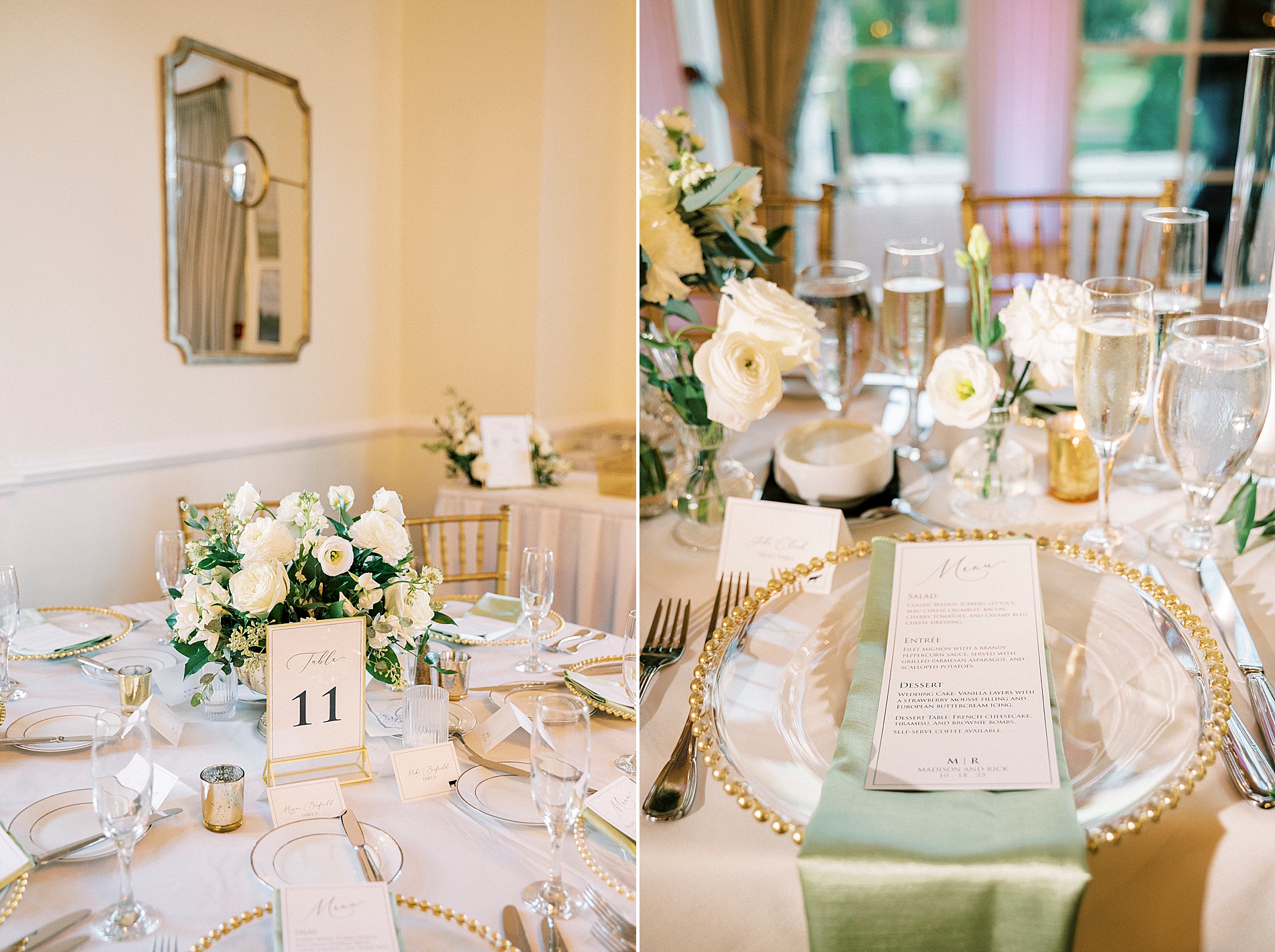 elegant tablescapes and place settings at Providence Country Club Wedding reception in Charlotte, NC