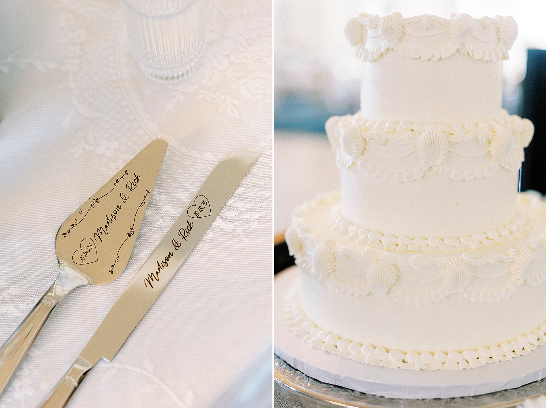 wedding cake with custom engraved cake serving set 
