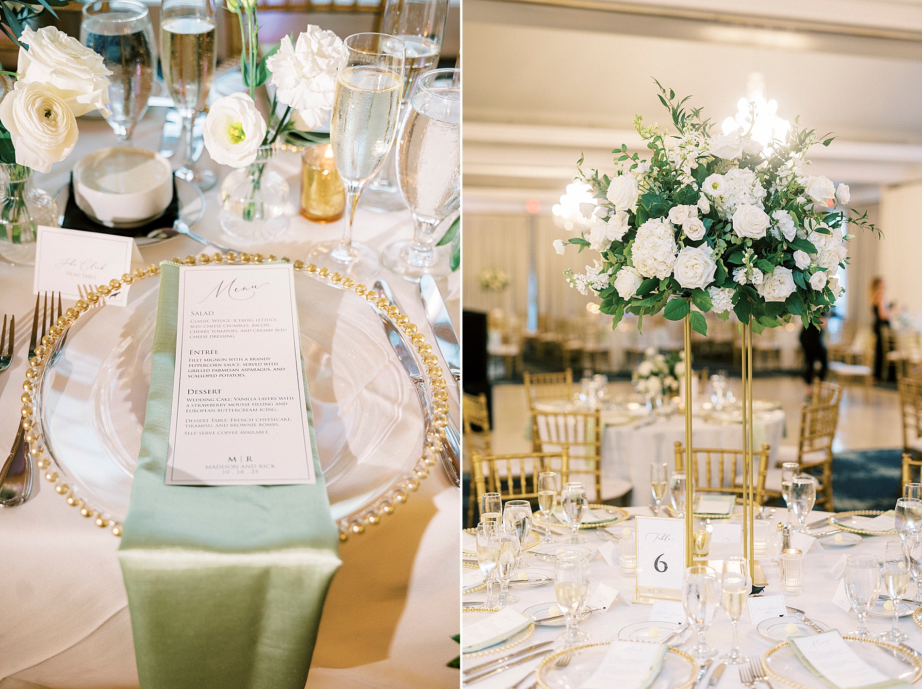 wedding place setting and white flower centerpieces 