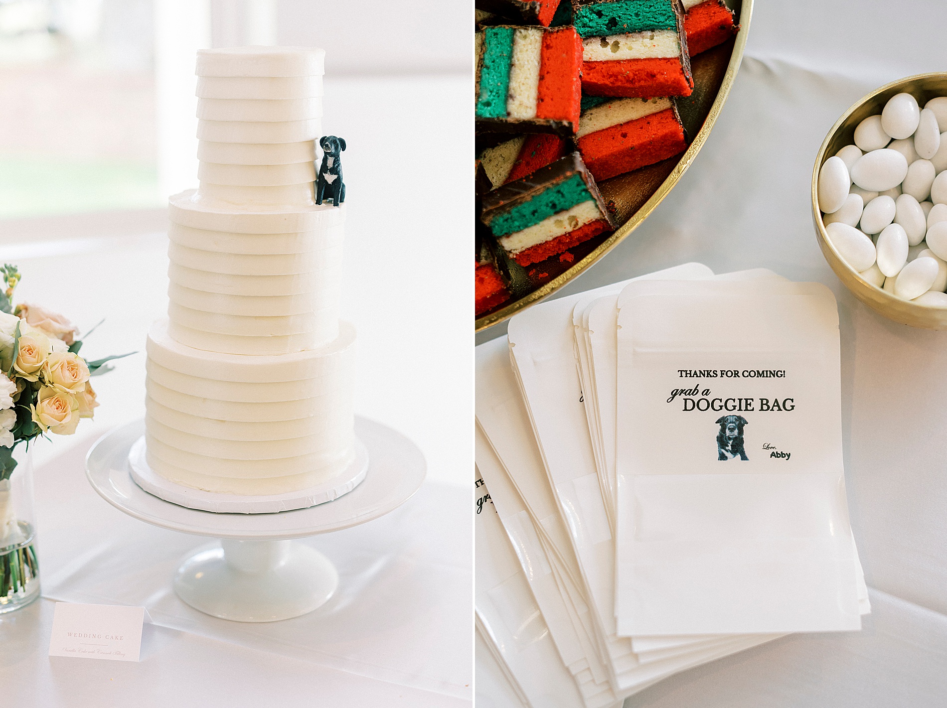 custom wedding details including couple's dog on wedding cake and doggie bags