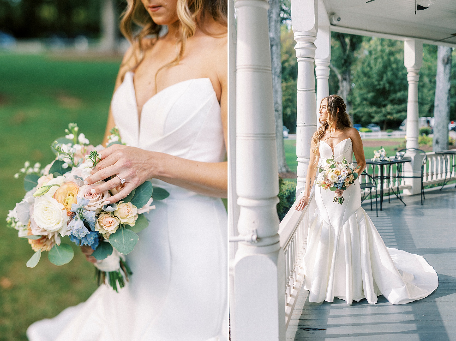 elegant bridal portraits on front porch of The Brawley Estate